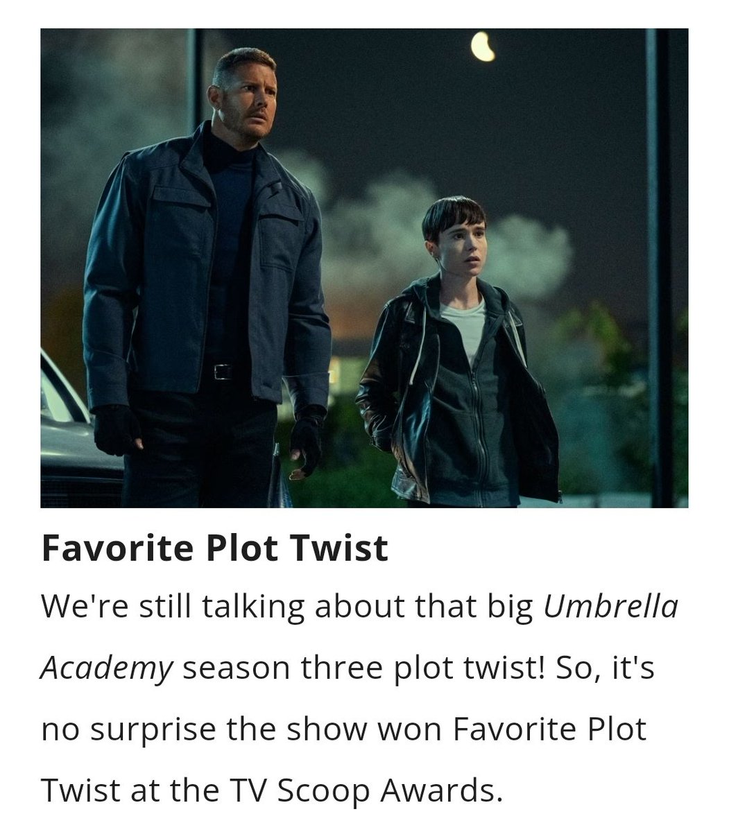 carlahdzgr's tweet photo. The umbrella academy is the winner of two categories of the tv scoop awards 2022// The umbrella academy es ganadora de dos categorías de los tv scoop awards 2022 @UmbrellaAcad @gerardway @Gabriel_Ba @SteveBlackmanTV @JeffKingTV https://t.co/yMmWU7XBnF