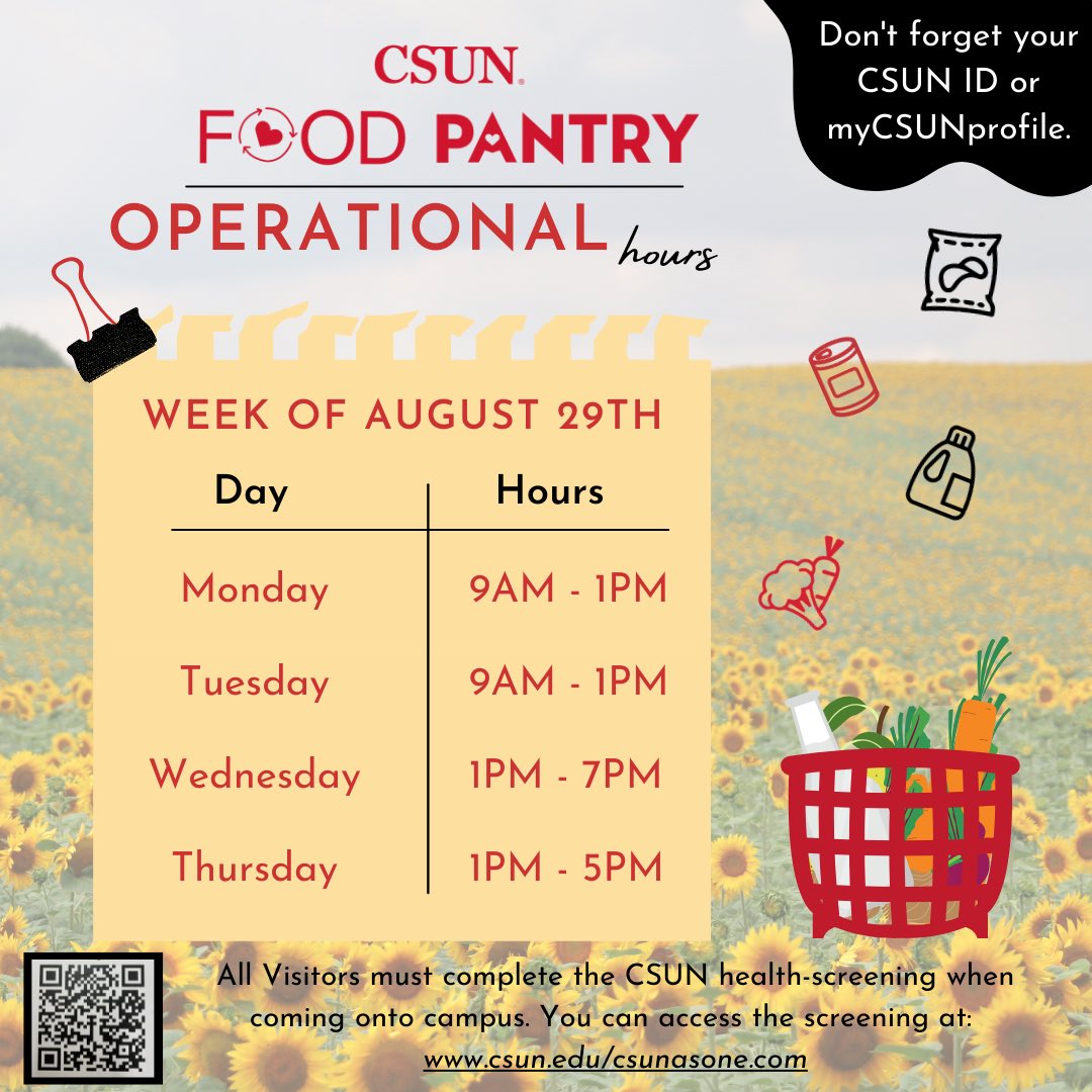 Happy First Week of the Fall Semester Matadors! 🖤🤍❤️Please note the change in our hours effective August 31st, we will be open until 7:00pm on Wednesday. Please feel free to stop by anytime during our operational hours to stock up and start the semester off strong! 📚