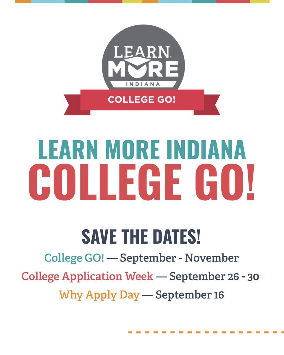 learnmorein's tweet photo. SAVE THE DATES 🎉 

College GO! is quickly approaching, and we are so excited to celebrate!

https://t.co/eevd8f2ctP 

#collegego #whyapplyday #collegeapplicationweek #indianacolleges #college #highered #learnmoreindiana https://t.co/E6Ch4a1rsX