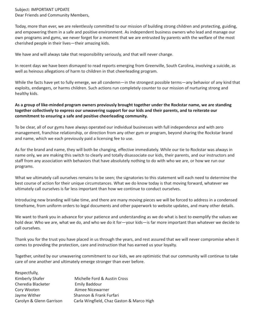EasternNCE's tweet photo. Effective Immediately: Rockstar Cheer NC East has ended its licensing agreement with the Rockstar Cheer Brand. https://t.co/YVGxaALmbQ