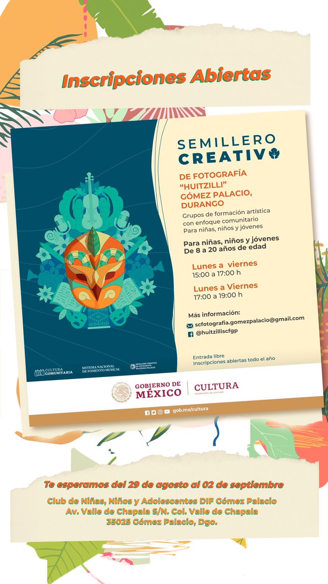 huitzilliscfgp's tweet photo. ¡Ven a aprender divirtiéndote!, te esperamos en esta semana de inscripciones, del 29 de agosto al 02 de septiembre del presente, ven a conocernos y se parte de este #SemilleroCreativo #SoyCulturaComunitaria #GomezPalacio #Durango https://t.co/bRpW9wIvdw