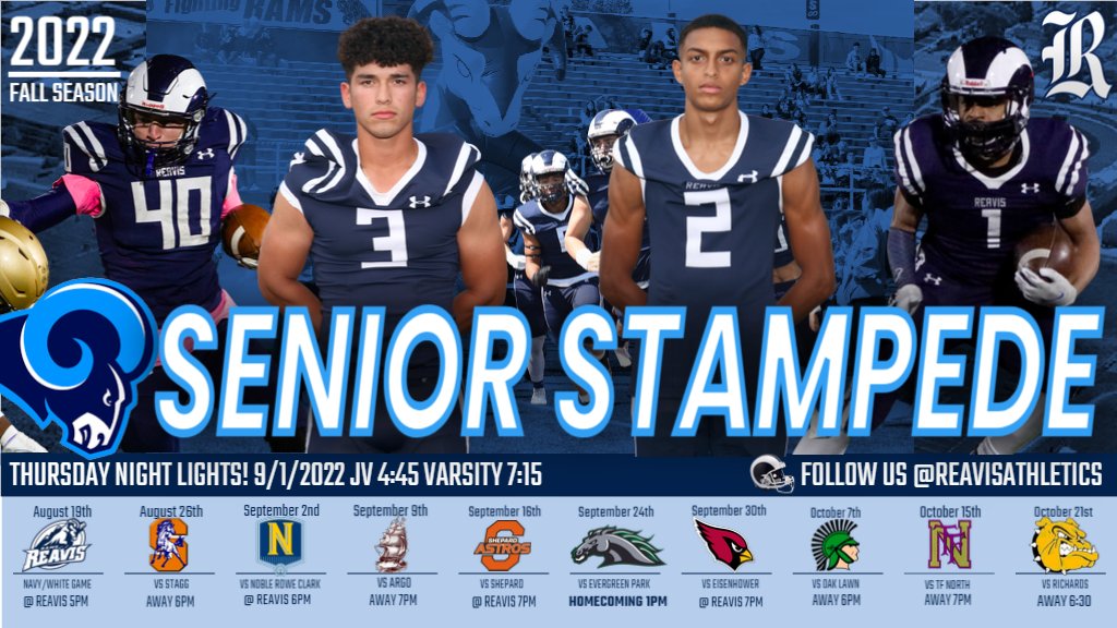 ReavisAthletics's tweet photo. CALLING All CLASS of 2023 SENIORS! 

Ram Nation is having a SENIOR STAMPEDE WHITE OUT! Game is this Thursday Night vs. Rowe &amp; Clark. Seniors will receive Free Entry by presenting an ID &amp;  wearing WHITE!  The Seniors will lead the team onto the field @ 6:45 though the Ram tunnel! https://t.co/AAjVYjUcwH
