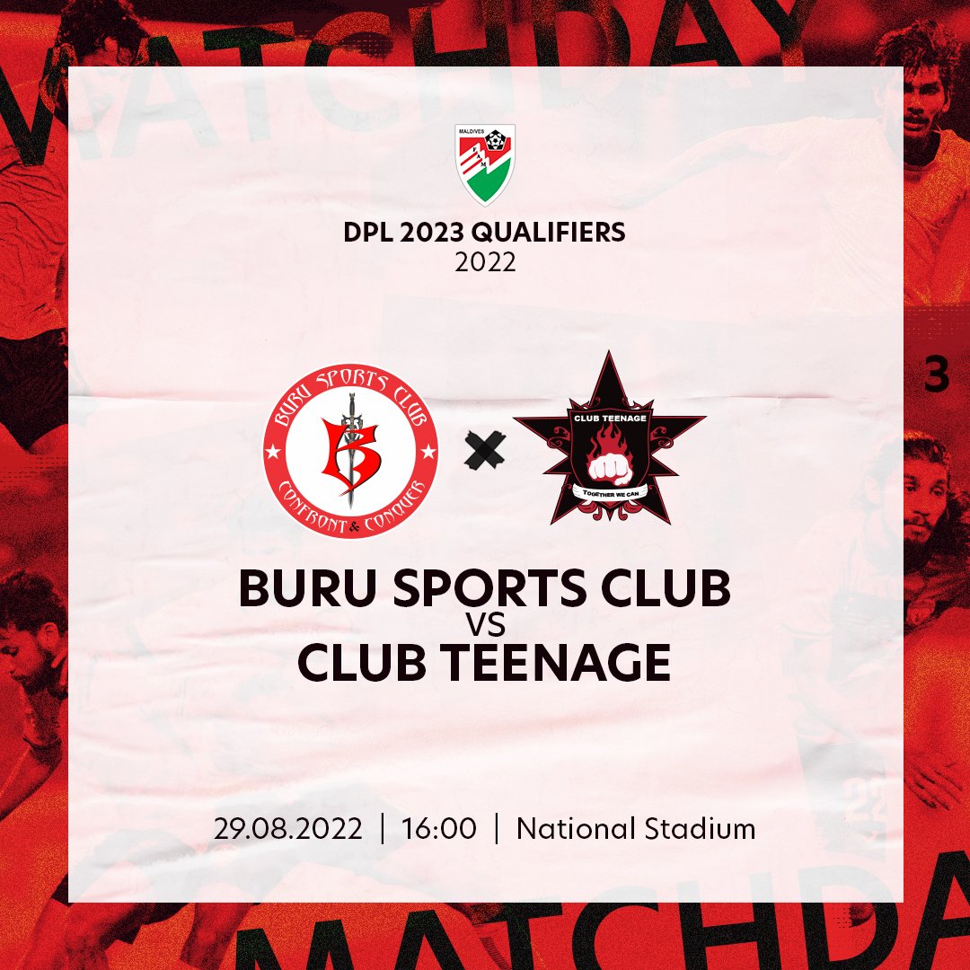 M A T C H D A Y !
🏆 DPL 2023 QUALIFIERS 2022
🆚 <a href="/burusportsclub/">BURU SPORTS CLUB</a> vs <a href="/ClubTeenage1/">Club Teenage</a>
🏟 National Stadium
⏰ 04:00 pm
📲 #BuruTeenage 
🖤 #dpl2023qualifiers