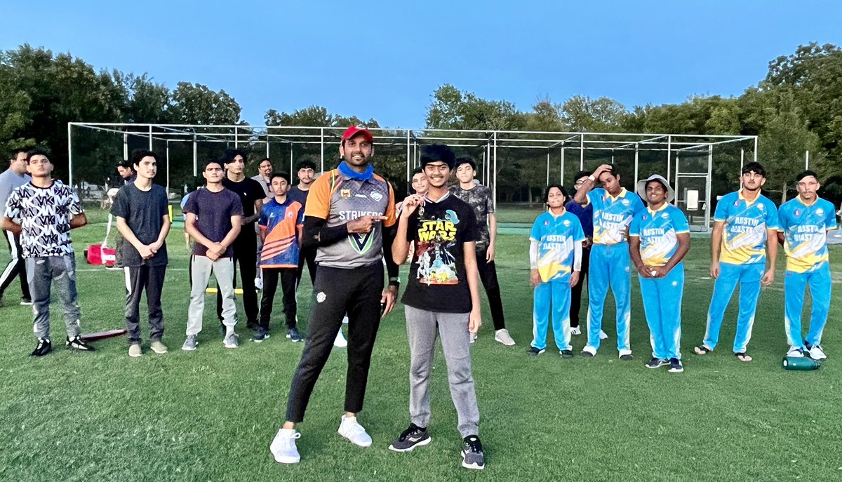 WCIAcademy's tweet photo. The Master Division (under 19) of Austin Youth League (AYL) got underway today with a competitive game between Master Blasters &amp; Master Warriors. 

Aditya Kashyap, player of the match, with other players and coach Fahad. 

https://t.co/4Ks6P6Pk7d

#youthcricket #cricket4all https://t.co/M3HtSiiZlv