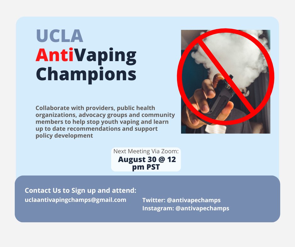 Please join us for our monthly coalition meeting tomorrow 8/30 from 12-1pm PST. Message us here or contact us at uclaantivapingchamps@gmail.com to sign up and attend! #QuitVaping #VapeFree #TobaccoFree #VapingQuitTip #LiveTobaccoFree