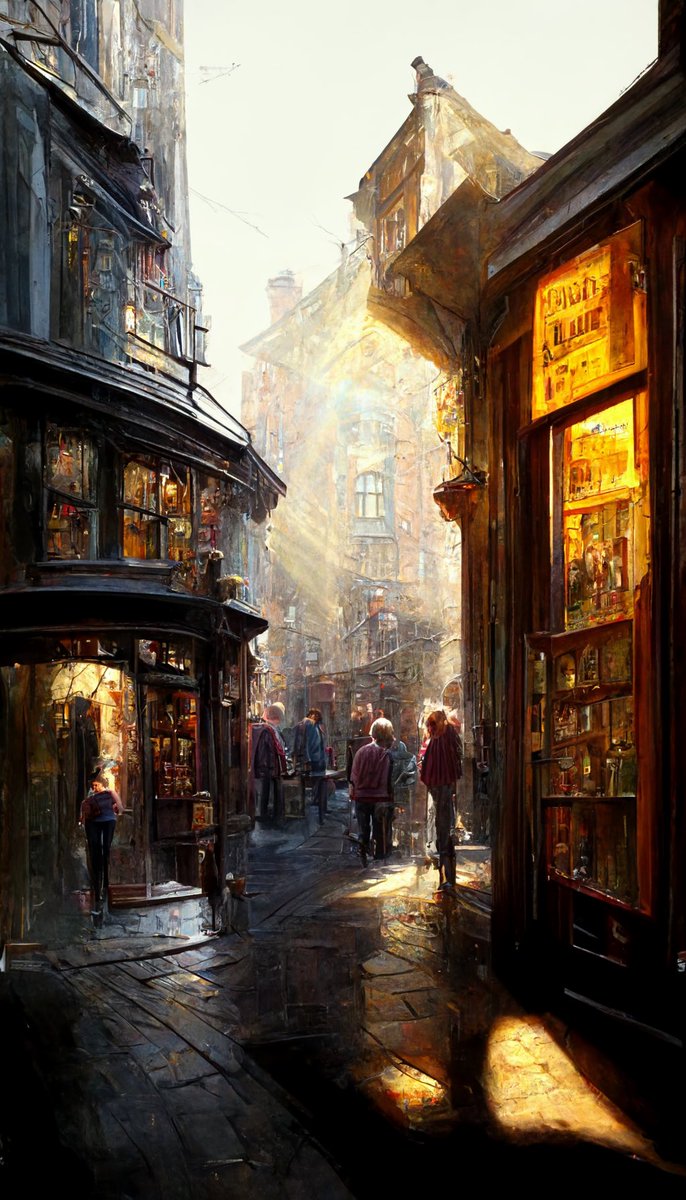 Distinguish_g's tweet photo. New (left) VS old (right) image making system
Diagon Alley
#midjourney #HogwartsLegacy #Hogwarts #HarryPotter #diagonalley #ai #aiart #aiartcommunity #AIartists https://t.co/pbCZIzI2Lr