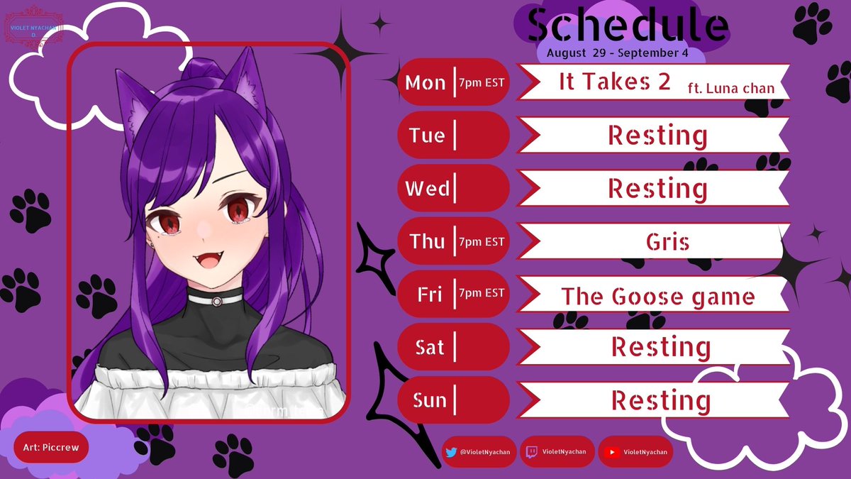 VioletNyachan's tweet photo. โจ New Schedule โจ
Sowwy for the delay my Kittens, hope everyone has a great week! See you all tonight ๐
๐ฆ
Tags ๐ฆ
๐#VioletNyachan
๐ด#VioLive
โ๏ธ#VioLore
๐จ#DVioArt
#Vtuber #VtubersUprising #VtubersEN https://t.co/jlOe958krH