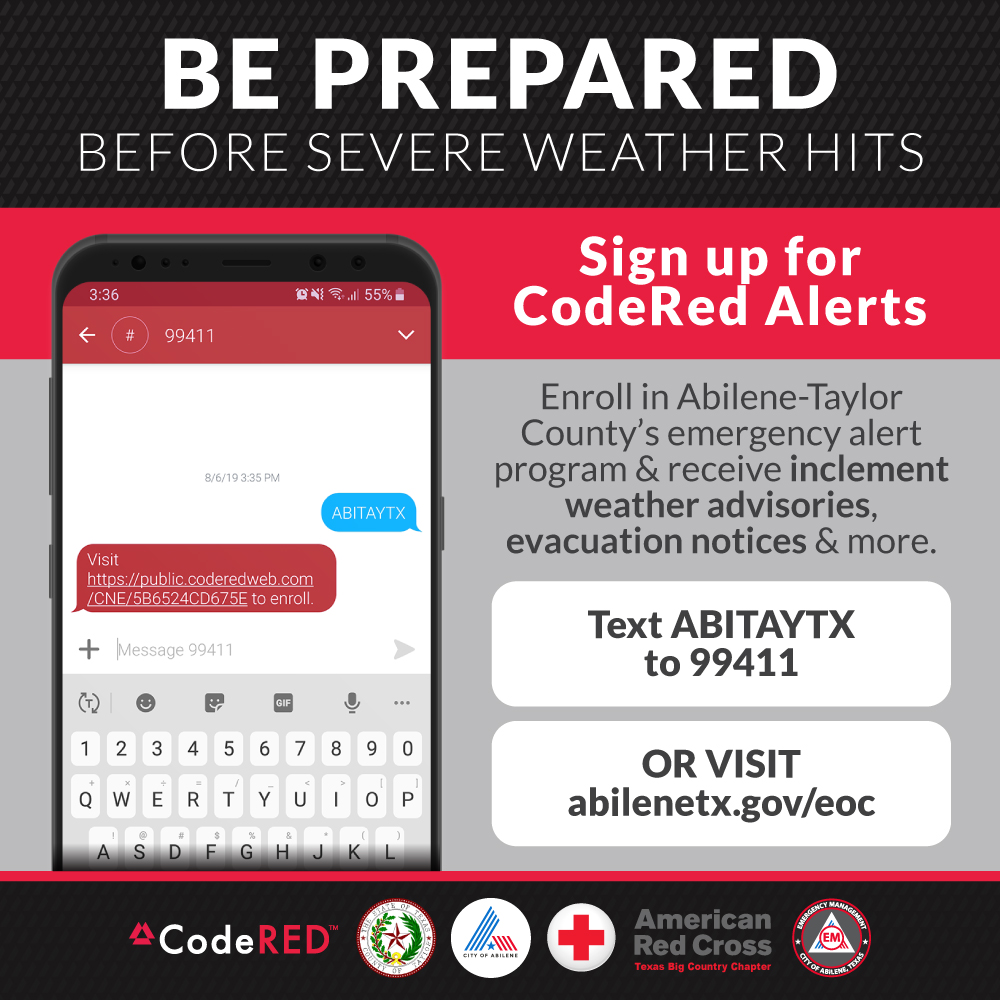 CityOfAbilene's tweet photo. National Preparedness Month is almost here - get a kick-start by signing up for CodeRED Alerts! From weather advisories to other emergency announcements, CodeRED will keep you in the know. Sign up by texting ABITAYTX to 99411 or visit https://t.co/gyDsR1PMeG #BeReady https://t.co/WOKZNU9HuK