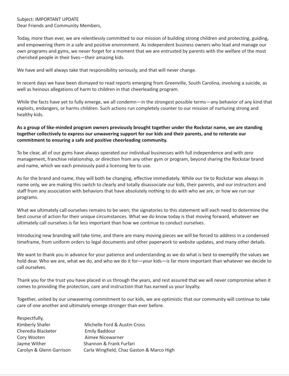 cheerUPDATES's tweet photo. HAPPENING NOW. 
10 Rockstar Cheer Franchise owners post joint letter announcing their departure from the brand. 

This comes less than a week following the announcement of the brand founder’s death &amp; subsequent discoveries since.  

Their new name is yet to be decided/announced. https://t.co/JEve11qrQj