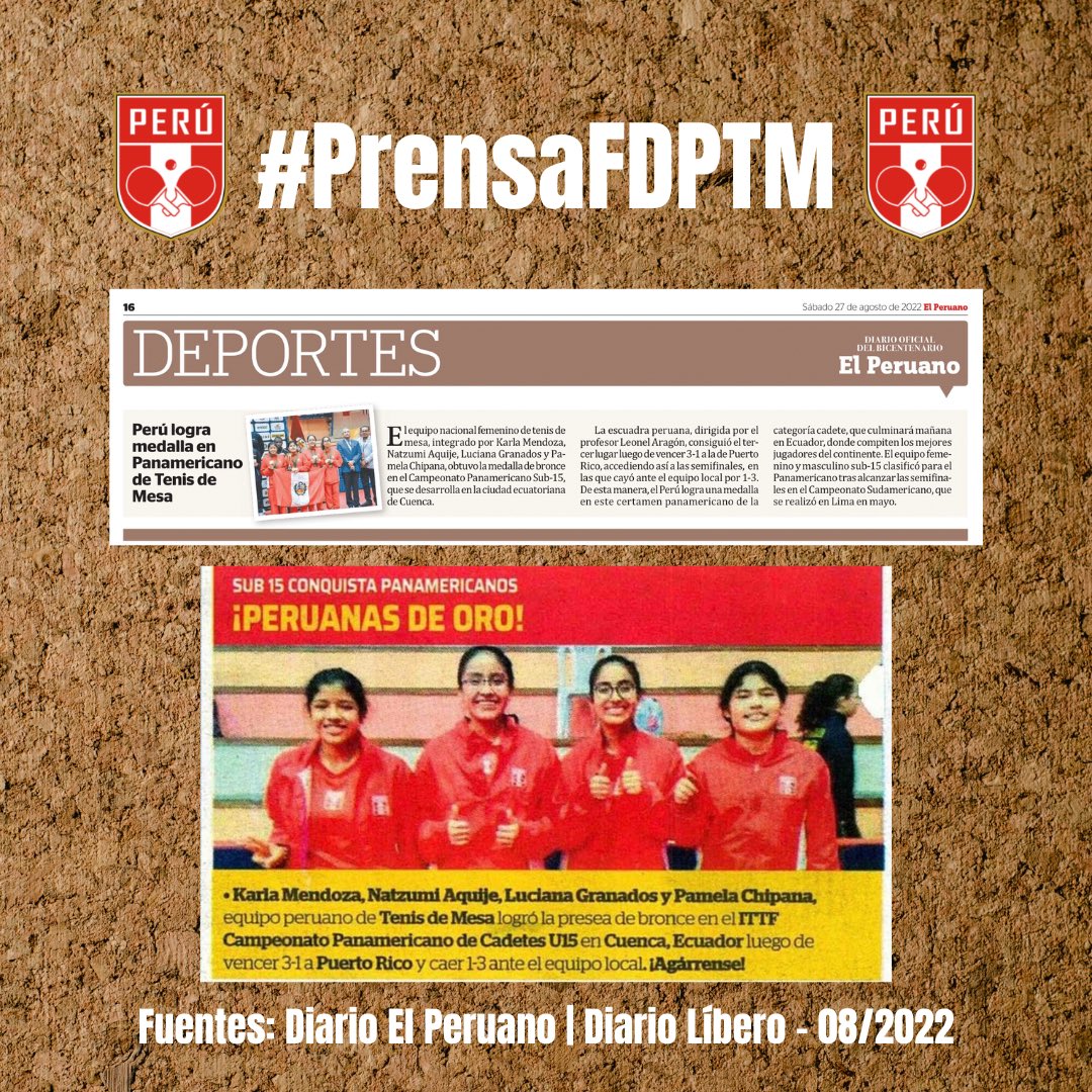 TenisdeMesaPeru's tweet photo. #PrensaFDPTM #FDPTM2022 #TenisdeMesaPeruano 🏓
📰 Gracias a @DiarioElPeruano (27/08/22) y a @diario_libero (26/08/22) por los impactos en prensa acerca del bronce obtenido por el equipo femenino peruano de tenis de mesa en el Campeonato Panamericano Sub15 realizado en Ecuador. https://t.co/wLoqpy1oTt
