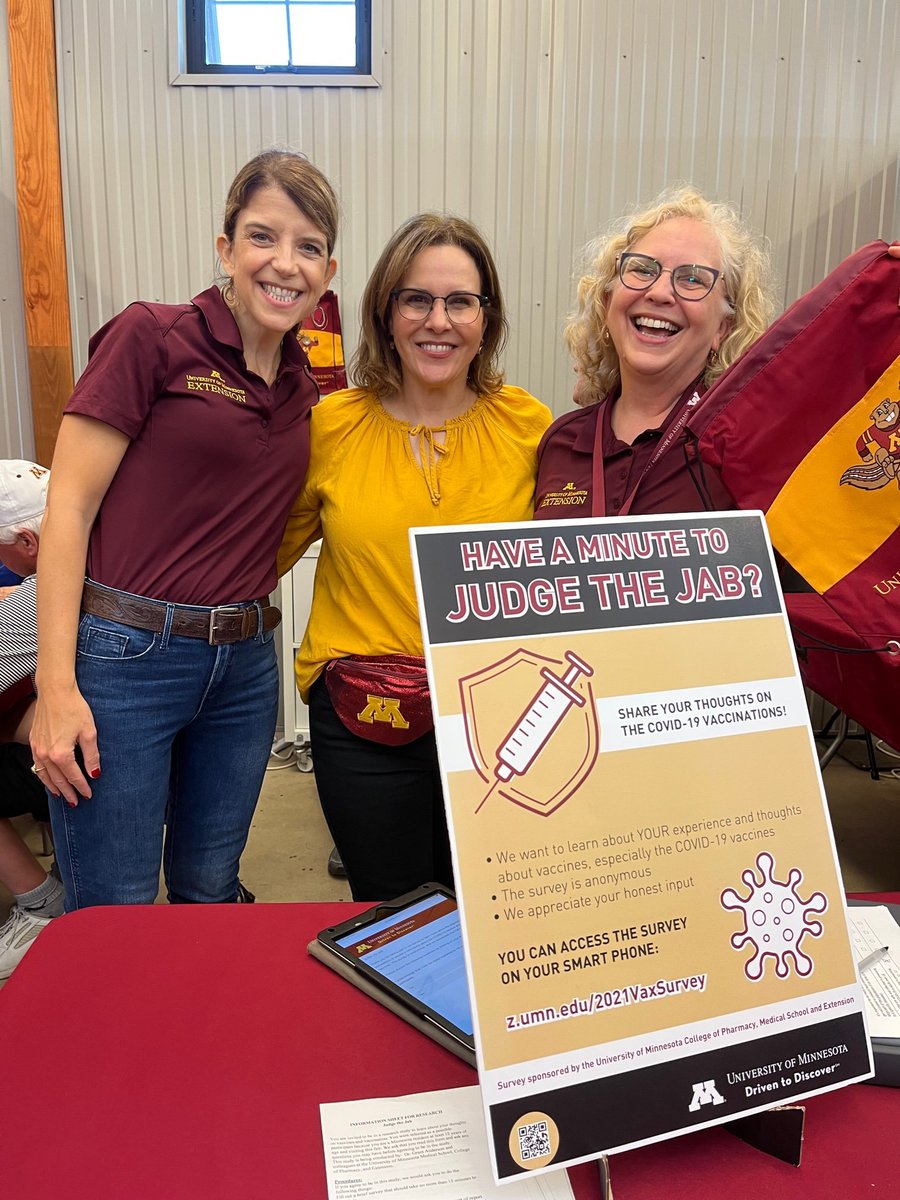 UMNExt's tweet photo. We're #UMNProud to welcome @UMNews President Joan Gabel to the Driven to Discover bldg at #MNStateFair, where Extension's @mkatras &amp; @pdolson01 shared our #research on views toward #covid vaccine. https://t.co/Z5BVCXGu6F