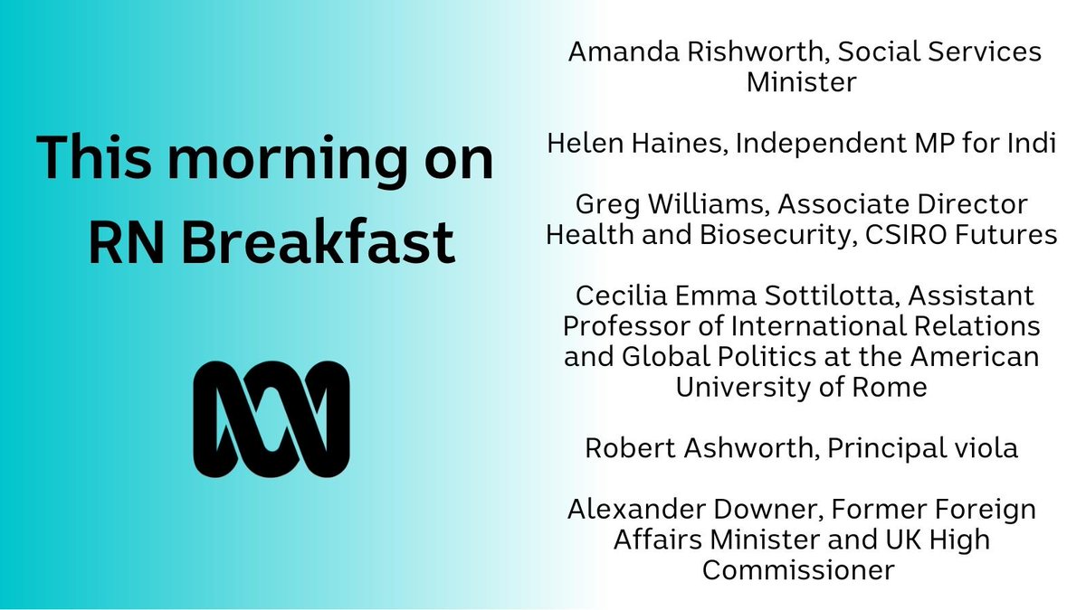 Coming up on <a href="/RNBreakfast/">RN Breakfast</a> this morning:

<a href="/AmandaRishworth/">Amanda Rishworth MP</a> <a href="/helenhainesindi/">Helen Haines MP</a> <a href="/csottilotta/">Cecilia Emma Sottilotta</a> <a href="/AusWorldOrch/">Australian World Orchestra</a> and so many more!

Listen live: ab.co/2GqJiZo