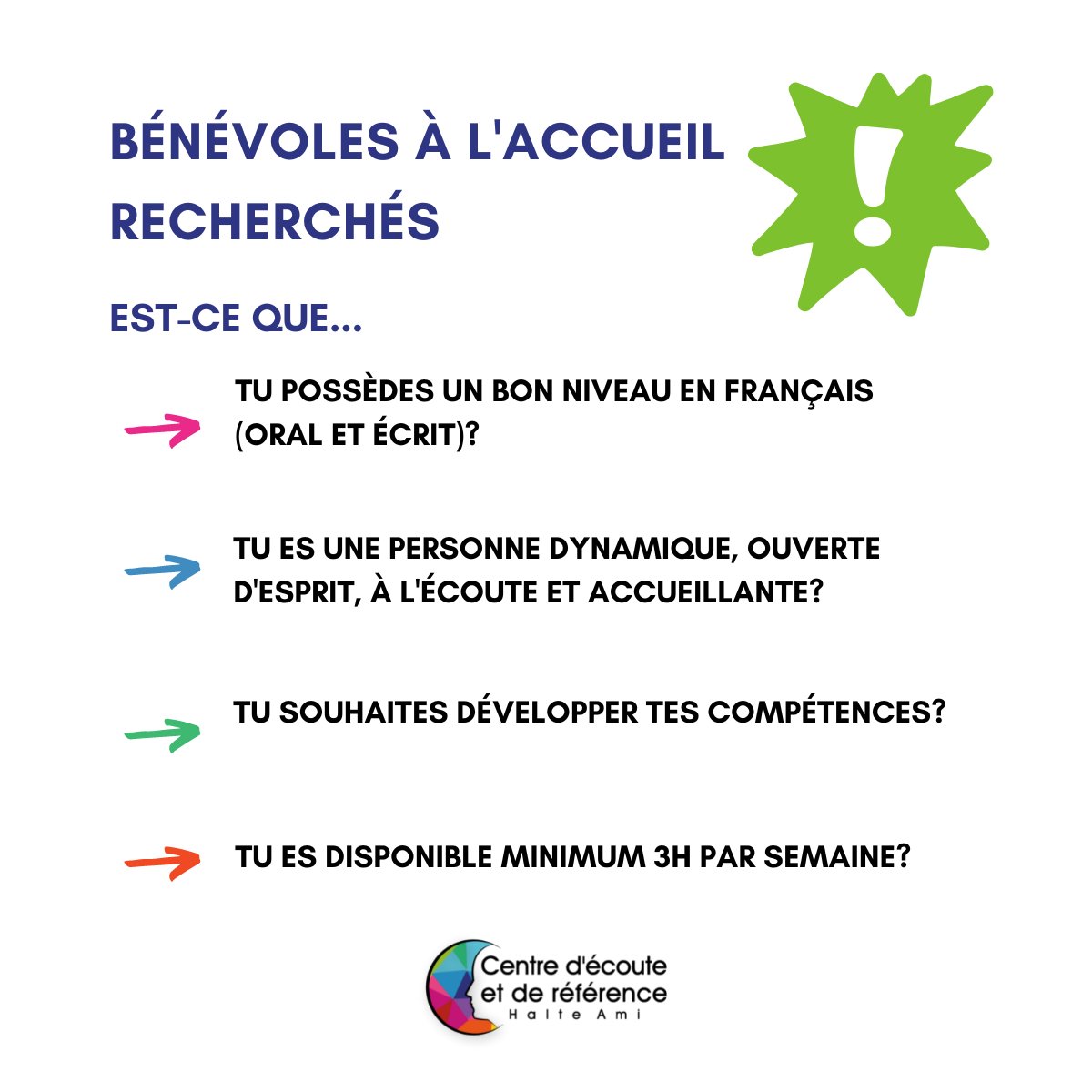 CentrEcouteUQAM's tweet photo. 🔈Bénévolat à l'accueil🔈
Nous sommes présentement à la recherche de bénévoles à l'accueil  au Centre d'écoute et de référence Halte Ami. Si cette opportunité de bénévolat vous intéresse, n'hésitez pas à nous contacter! https://t.co/Q85ZpkcxSW