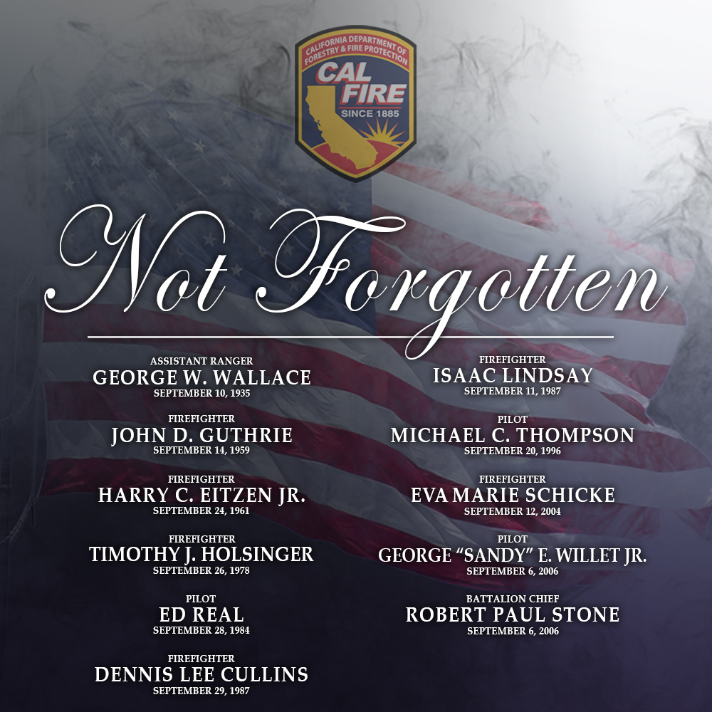 CAL_FIRE's tweet photo. Today we remember our brothers and sisters who died in the line of duty during the month of September. We are forever thankful for their service. #LODD #NotForgotten https://t.co/4bVu7woQKz