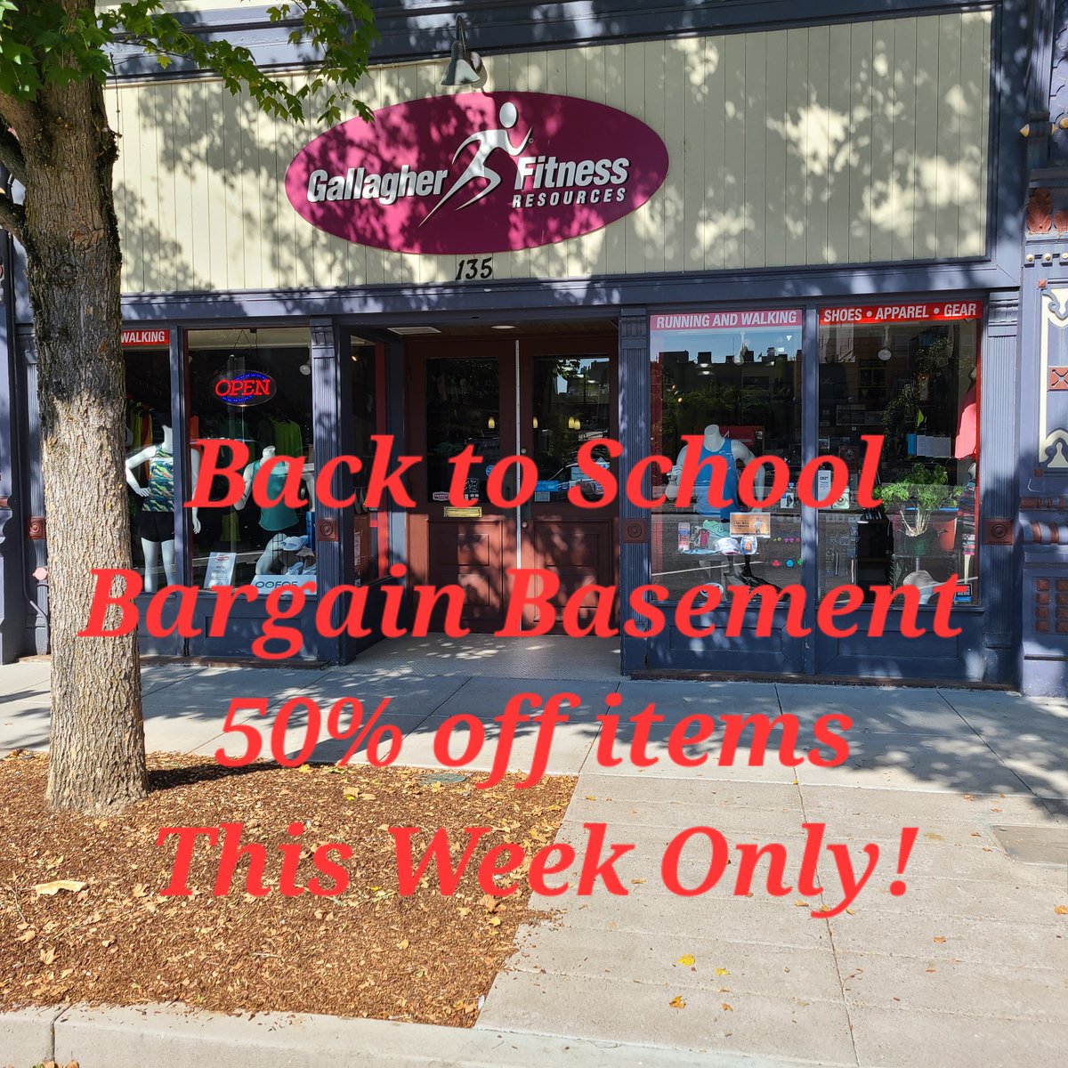 Back to School Bargain Basement Special 50% Off Closeout Shoes and Apparel this week only! 8-29 through 9-3. Come on down!