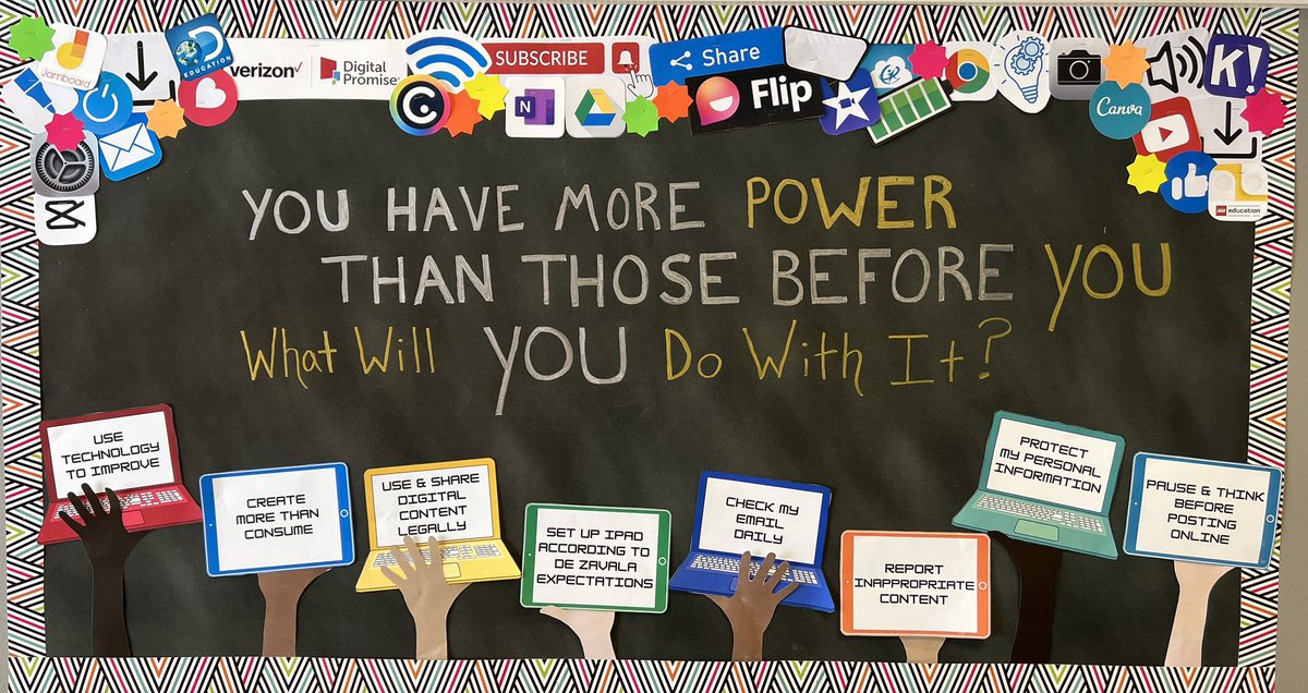 MelissaColvin18's tweet photo. Pretty proud of this bulletin board I put up today to remind @deZavalaMS students how to be safe and responsible with their @dpvils iPads. Making sure to include all the apps they may use and will continue to add. Which apps do you recognize? https://t.co/BE3NqqeVps