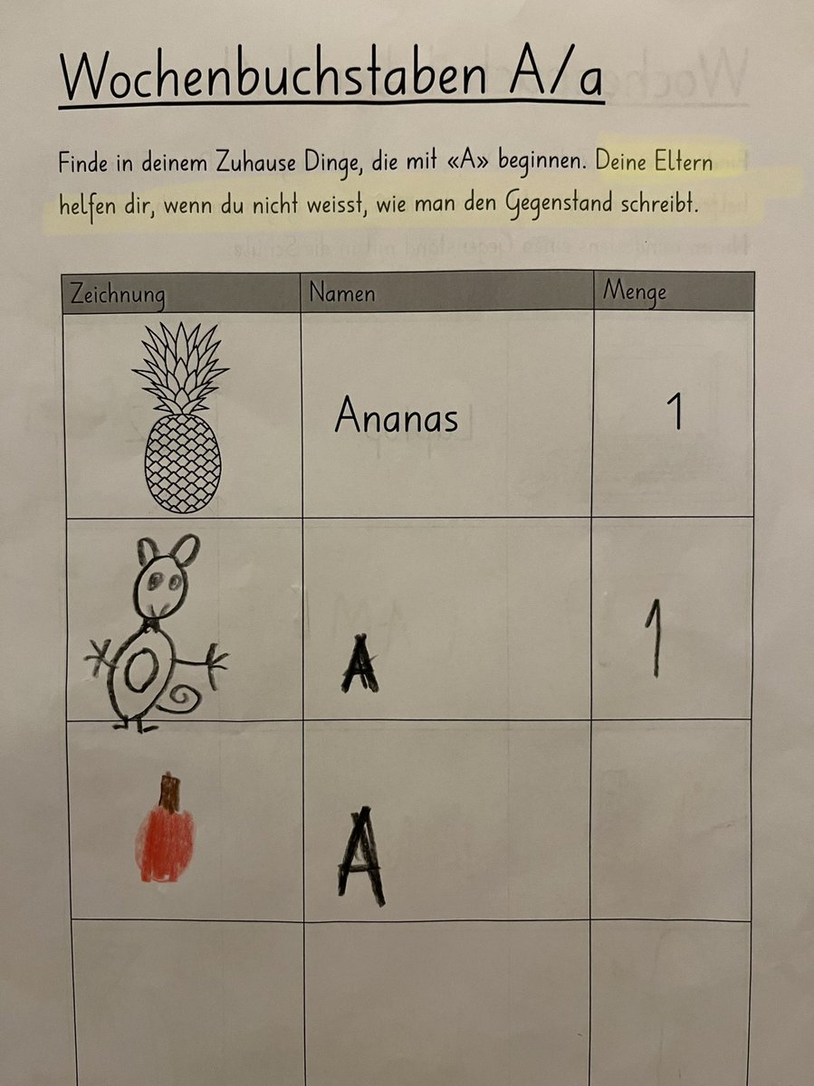Hausaufgaben, 1. Klasse, 2. Schulwoche: Warum Buchstaben lernen wenn sie schon schreiben können? Bei den Dummen dürfen immerhin die Eltern helfen … #chancengleichheitade #chancengleichheit #primarschule #anderezeiten #sollwerdrauskommen