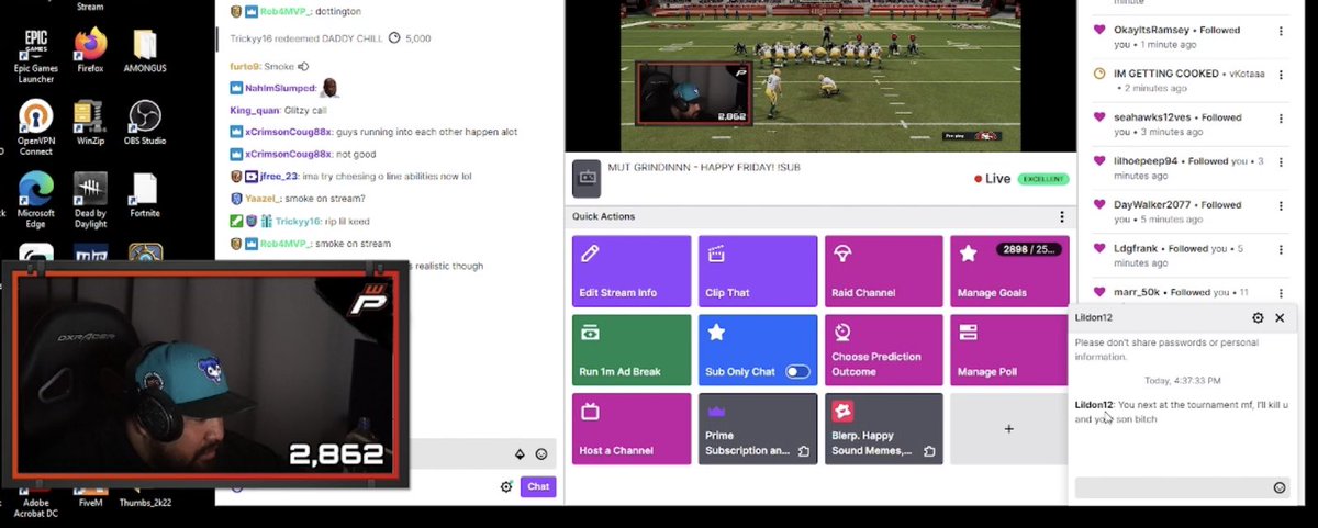 ProblemWright's tweet photo. This is a whisper that happens once every couple months. A threat to kill me or my family. Not scared of no one but to think you can type this with no repercussions is crazy to me. Yall should track ppl like this down if possible. @Twitch @TwitchSupport https://t.co/6XESwU35ph