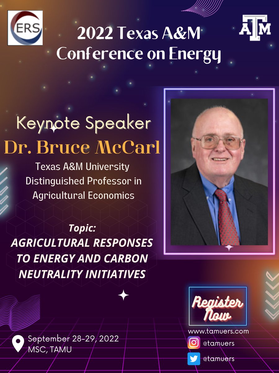 tamuers's tweet photo. Introducing our Keynote Speaker - Dr. Bruce McCarl! 

A University Distinguished Professor of Agricultural Economics, Dr. McCarl's research efforts mainly focus on global climate change mitigation, resource economics and policy analysis. 

(1/2) https://t.co/4NYgEDWqu3