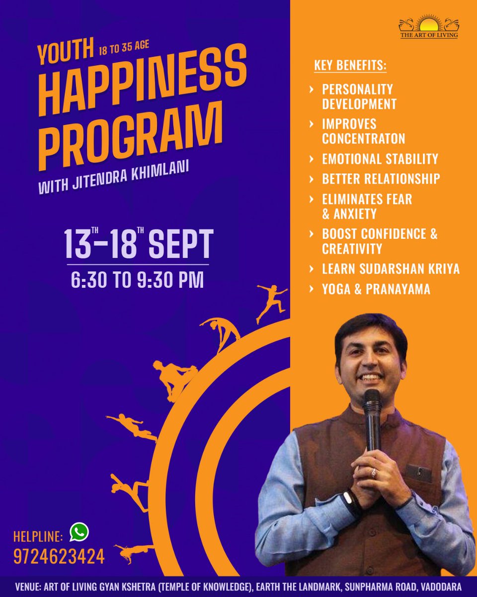 jitubhaiyajgd's tweet photo. My upcoming #youth special Happiness Program from 13th to 18th September. Excited to conduct an offline youth program after 2 years...
Limited seats. Register online on this link https://t.co/20pYN6miNf
For any queries call 9724623424
#artofliving #happinessprogram #happiness https://t.co/xRVsOfJ0pz