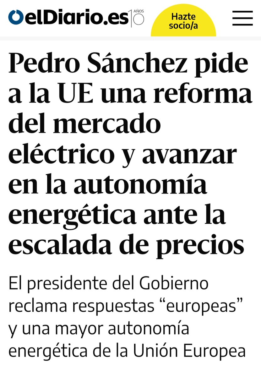 Bruselas anuncia ahora una “intervención de emergencia” en el mercado eléctrico europeo. Hace más de un año que el Gobierno de <a href="/sanchezcastejon/">Pedro Sánchez</a>
lo venía defendiendo, hasta que logró sacar adelante la excepción ibérica que han visto que funciona. España tenía razón.