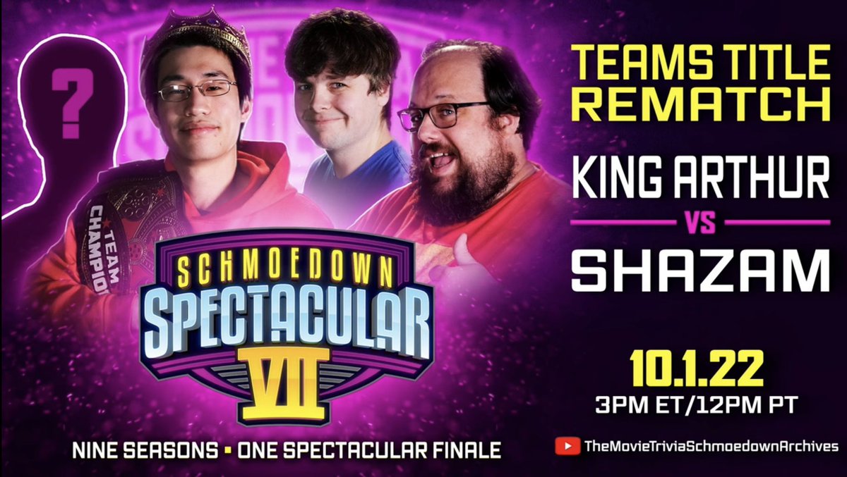 Did someone say trilogy?
Shazam’s 3rd Teams Title Match against a mystery challenger!

@WilliamBibbiani &amp; <a href="/BrendanKJMeyer/">Brendan Meyer</a> vs <a href="/TheKingKan/">Jeffrey Kan</a> &amp; 👀

Can Shazam become 3 time champs?
Can Bibbs set the alltime wins record? 
Can Kan find a partner? 
Tune in Oct 1st!
#SchmoedownSpectacular