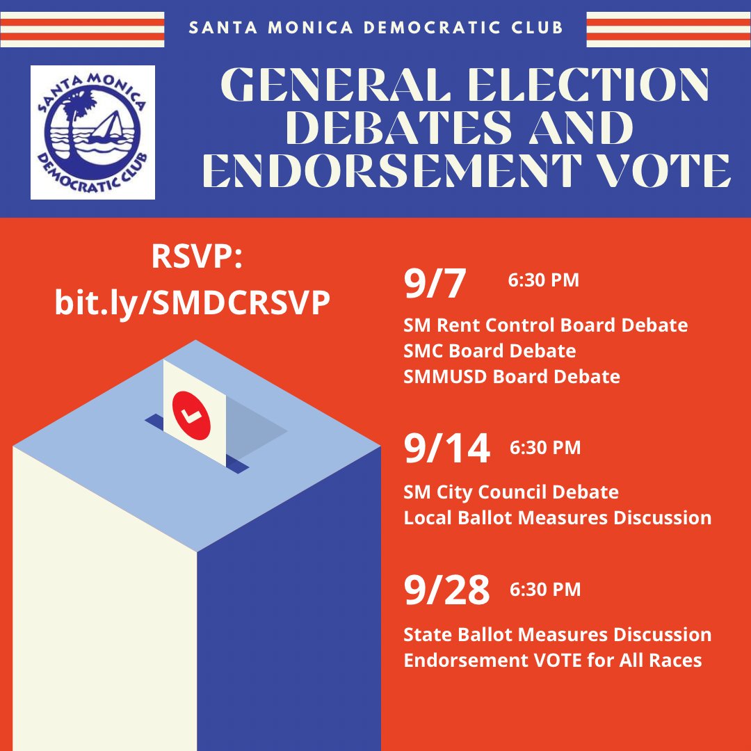 Santa Monica Democratic Club (@santamonicadems) on Twitter photo Read the questionnaire responses from all 20 candidates seeking the Club's endorsement: santamonicademocrats.com/meet-the-2022-…
Today is the final day for new members to join the club if you want to be able to vote on our city endorsements on September 28. santamonicademocrats.com/join-our-club/ Read the questionnaire responses from all 20 candidates seeking the Club's endorsement: santamonicademocrats.com/meet-the-2022-…
Today is the final day for new members to join the club if you want to be able to vote on our city endorsements on September 28. santamonicademocrats.com/join-our-club/
