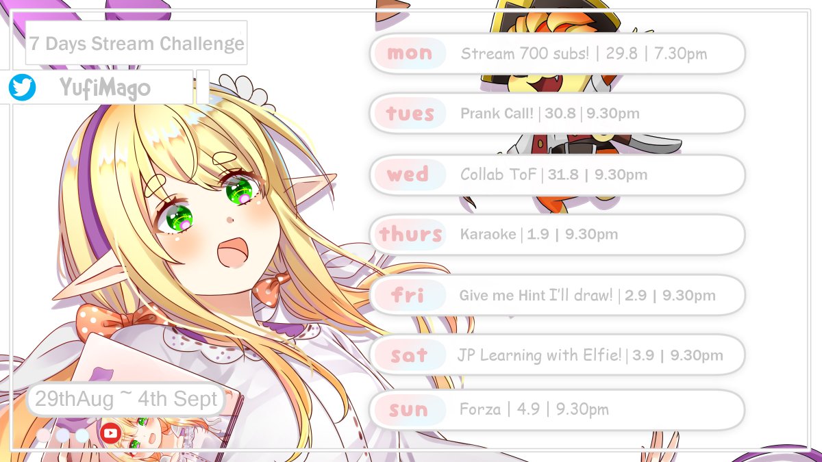YufiMago's tweet photo. Thank you so much for 700 subs mago!! ٩(ˊᗜˋ*✿)

✿700 SUBS celebration for 7 DAYS Stream Challenge!✿
『 29.8 ~ 4.9 Sept 』

GIVE AWAY FREE SET OF ELFIE'S MERCHANDISE START NOW! ❀.(*´ω`* ✿)❀.

#ElfStream #Vtubers #MyVT https://t.co/9M4iSxwhXj