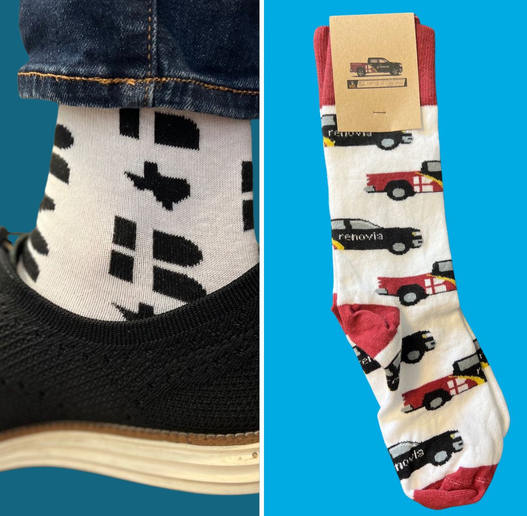 ScreenBroidery's tweet photo. When this crew pulls up, you’ll know the experts have arrived. 🚚 

We love these custom socks for our friends at Renovia! Thank you Chris H. for the pics 🙌 https://t.co/42onasmDnn