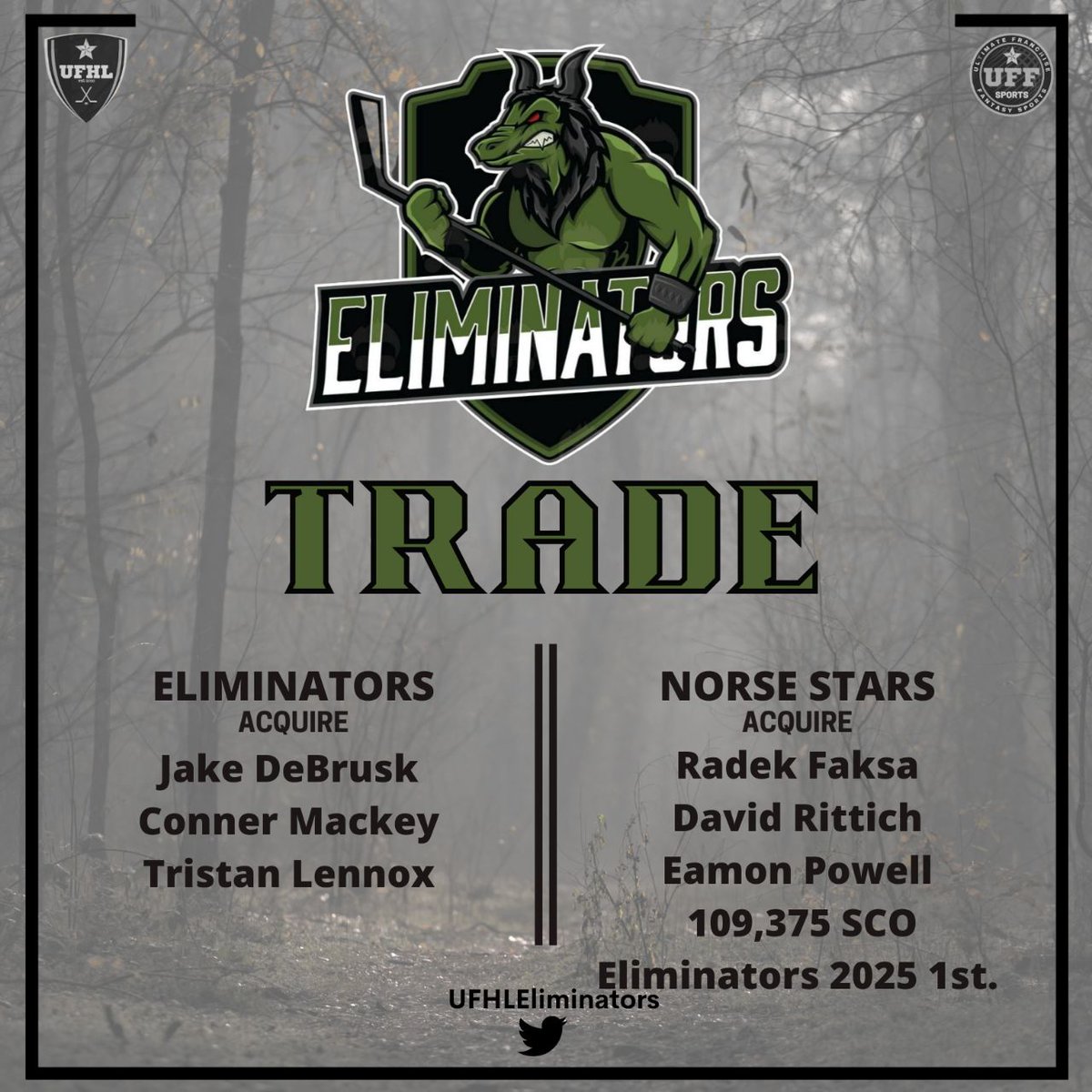 We have another trade update! We have acquired from the Norse Stars the following players!  Bring on the 22/23 campaign! 

#Eliminatethem
@TheUFHL @UFFSports <a href="/NorseStarsHC/">Norse Stars HC</a> 
#FantasyHockey #HockeyTwitter
#Cudos #SCO