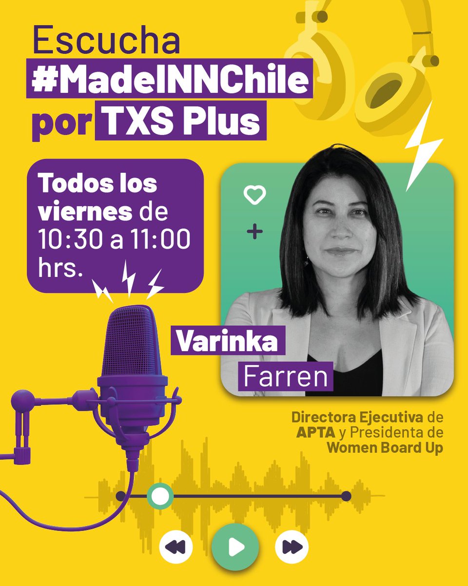Los viernes tienes una cita con la innovación, transferencia tecnológica y emprendimiento científico, de la mano de <a href="/varinkaf/">Varinka Farren</a> CE0 de <a href="/Hub_APTA/">Hub APTA</a> y pta de <a href="/WomenBoardUp/">Women Board Up</a> en #MadeINNChile™ <a href="/txsplus/">TXS+</a>. Capítulos emitidos en bit.ly/3R3EIA2, Spotify, Soundcloud y Google Podcast👌