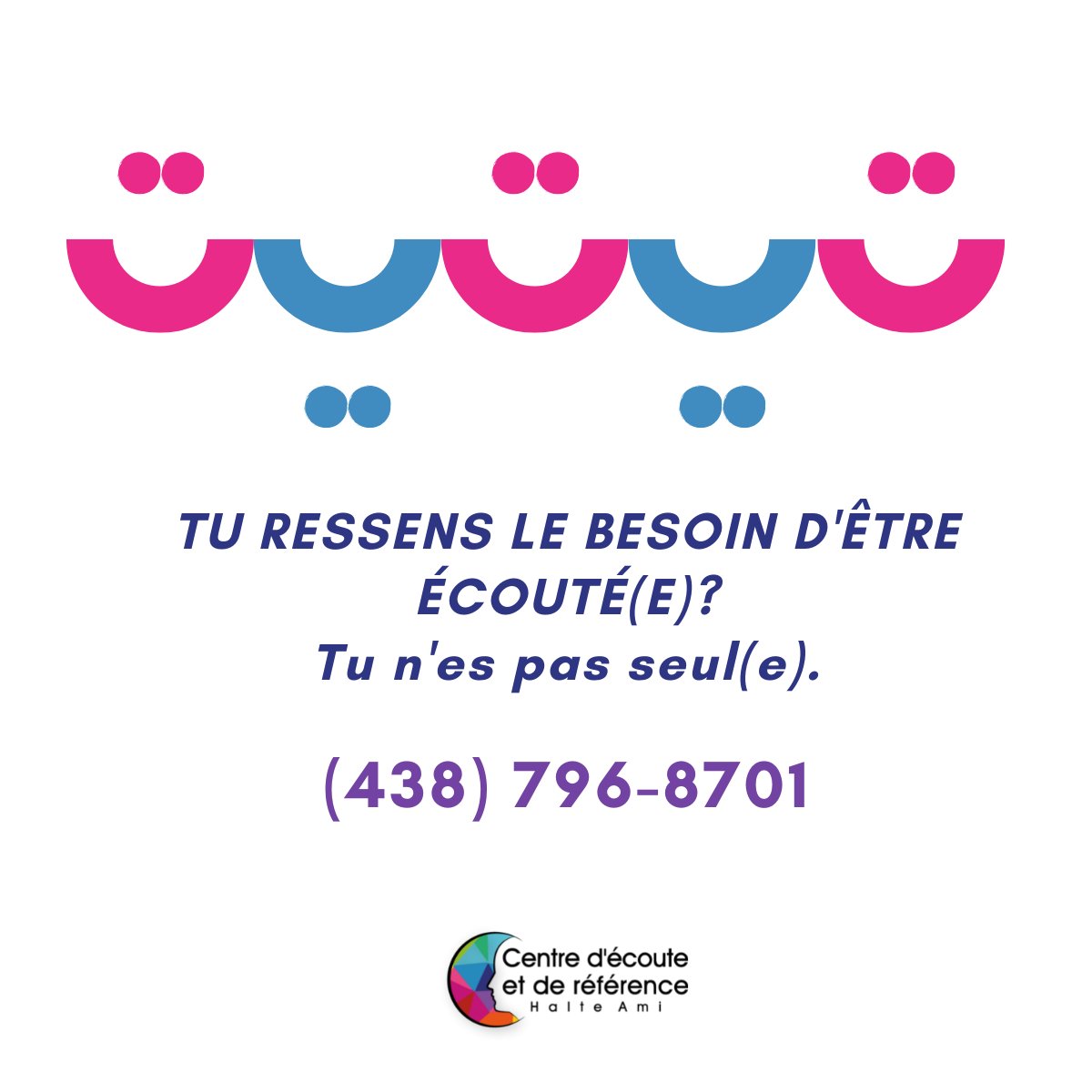 CentrEcouteUQAM's tweet photo. Une nouvelle année débute chez le Centre d'écoute et de référence Halte Ami! Que vous ayez besoin d'une écoute téléphonique ou en face à face, sachez que nous sommes là pour vous.💙💜 Nous sommes ouverts du lundi au vendredi de 9h à 17h. https://t.co/QW98rX27DS