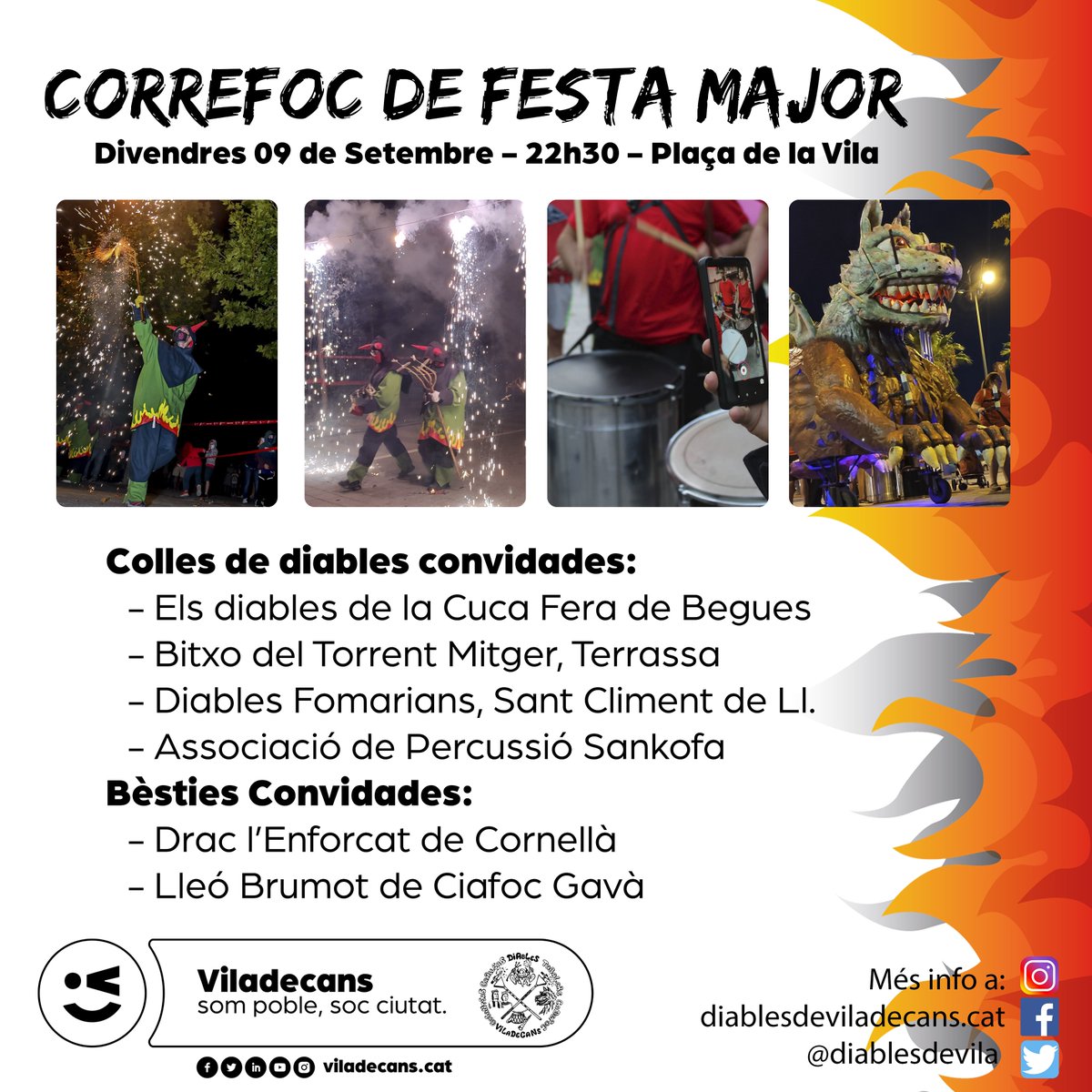 diablesdevila's tweet photo. La #FMViladecans ja s'apropa i els carrers tornaran a omplir-se de foc 🔥

El dia 09 de Setembre a les 22h30 la plaça de la Vila s'encendrà com mai. Us presentem cartell del #correfoc 

⚠️NOU HORARI D'INICI 22:30 ⚠️ https://t.co/1pPo0jDma4
