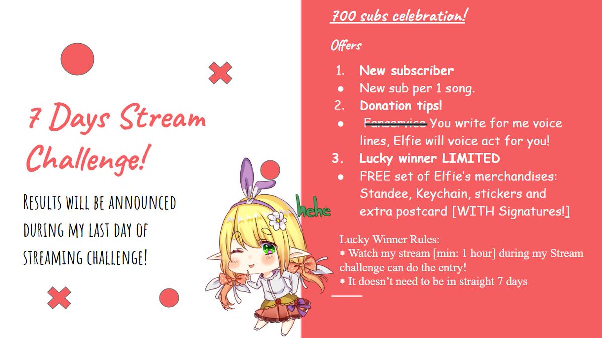 YufiMago's tweet photo. Thank you so much for 700 subs mago!! ٩(ˊᗜˋ*✿)

✿700 SUBS celebration for 7 DAYS Stream Challenge!✿
『 29.8 ~ 4.9 Sept 』

GIVE AWAY FREE SET OF ELFIE'S MERCHANDISE START NOW! ❀.(*´ω`* ✿)❀.

#ElfStream #Vtubers #MyVT https://t.co/9M4iSxwhXj