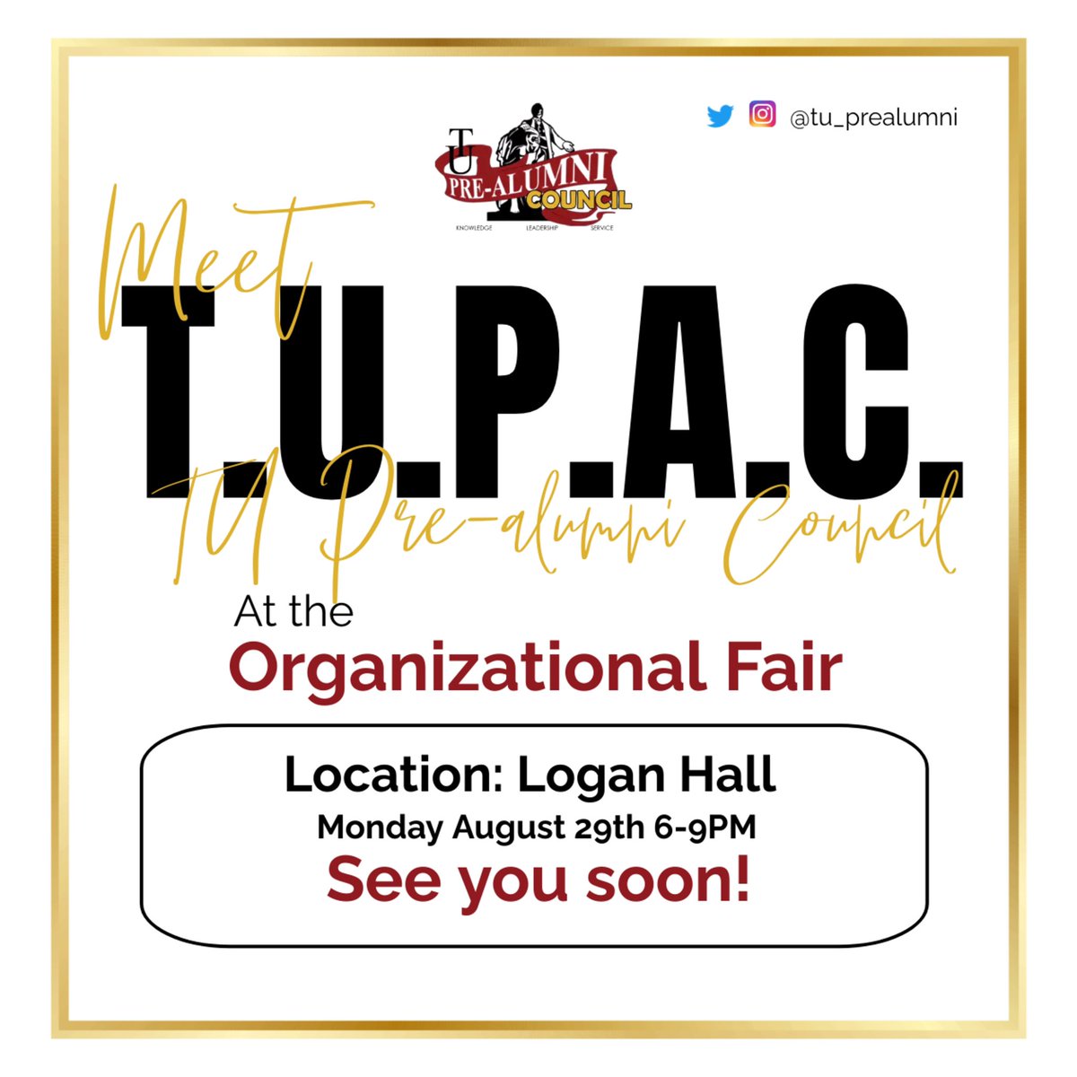 tu_prealumni's tweet photo. Calling all TU students! Come meet us at the Organizational Fair today in Logan Hall at 6pm. We hope to see you soon! 

TTTTT—- U! 

#TU23 #TU24 #TU25 #TU26 #TU #Tuskegee https://t.co/tbI31DzWWo