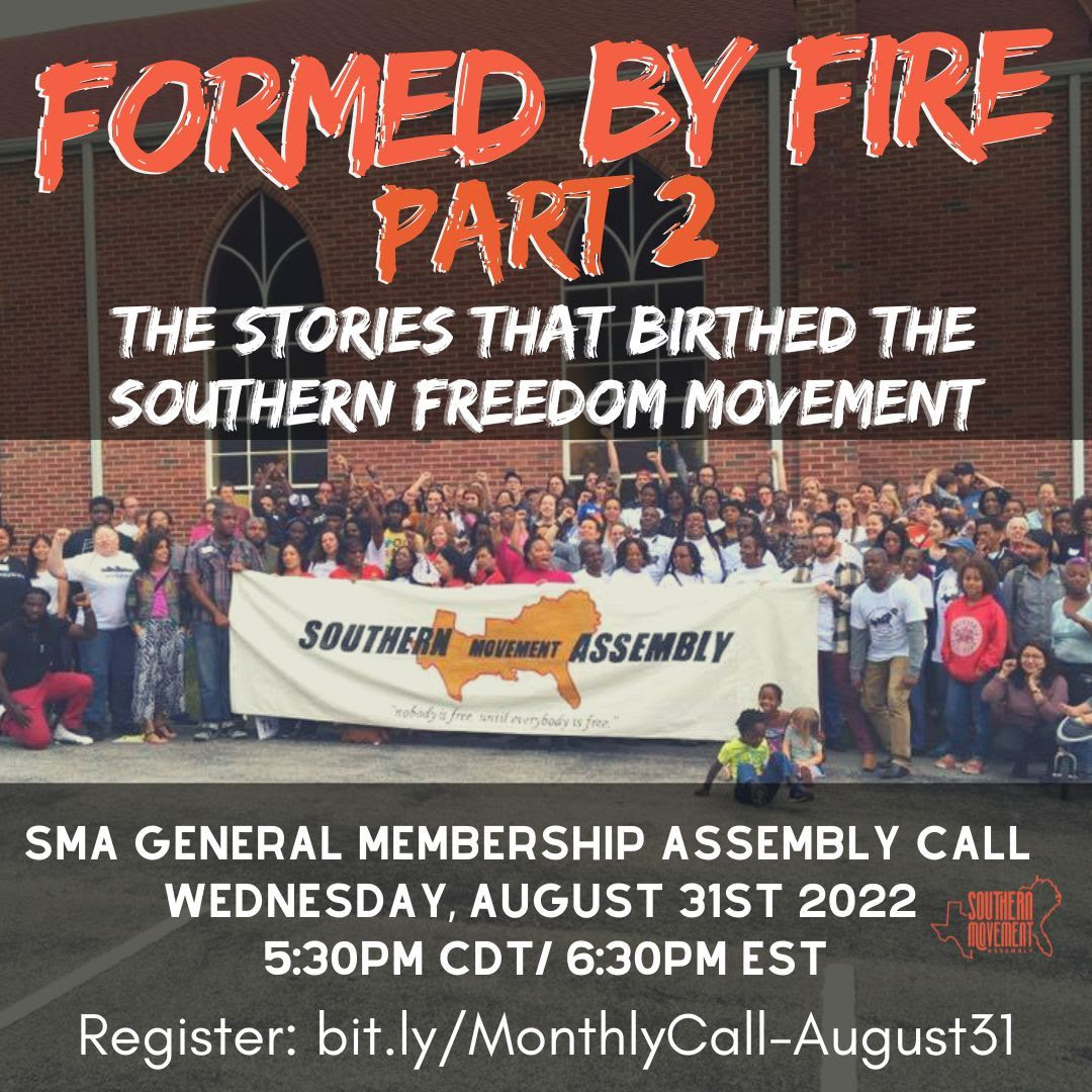 Commemorate <a href="/southernmovt/">Southern Movement Assembly</a>'s 10yr legacy at the General Membership Assembly call, Wed., 8/31, 5:30p CT/ 6:30p ET. Stories of our roots, the fights that have connected us through the years &amp; the momentum we gain through collective organizing. 

Register bit.ly/MonthlyCall-Au…