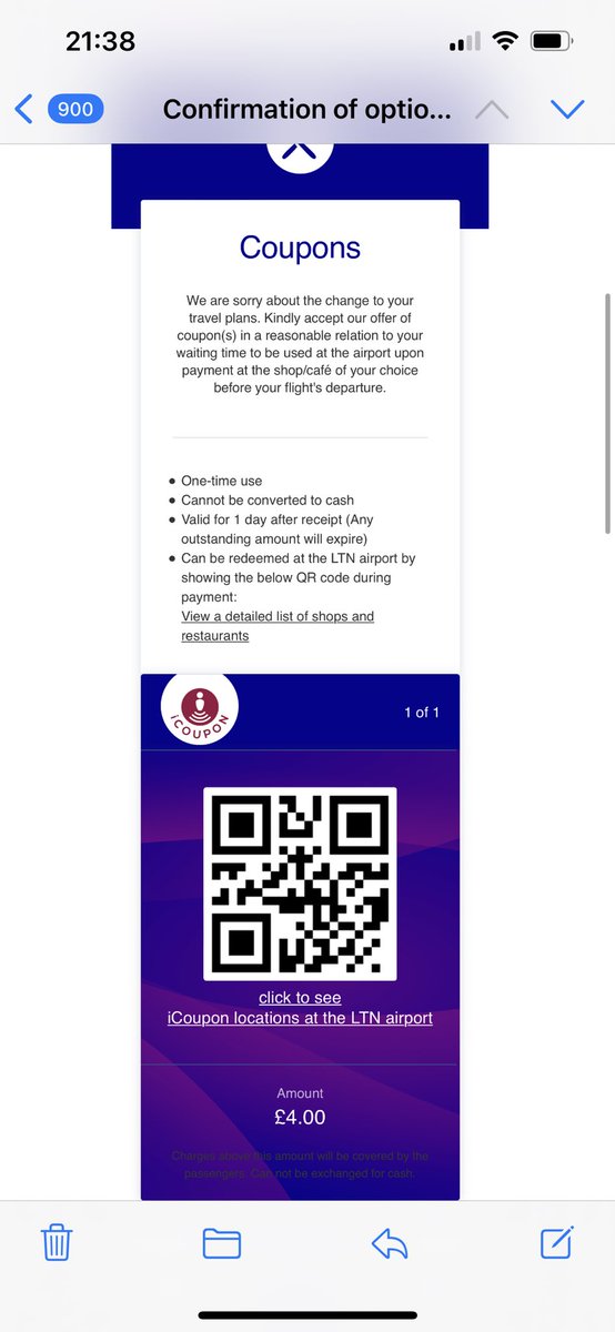 ErikLorincz's tweet photo. @BeckyPaskin The notorious email with a £4 refreshment coupon for the delayed @wizzair flight received while already on board which is valid one day! Out of 3 flights I have 3 of those. https://t.co/Fffj17vVEY