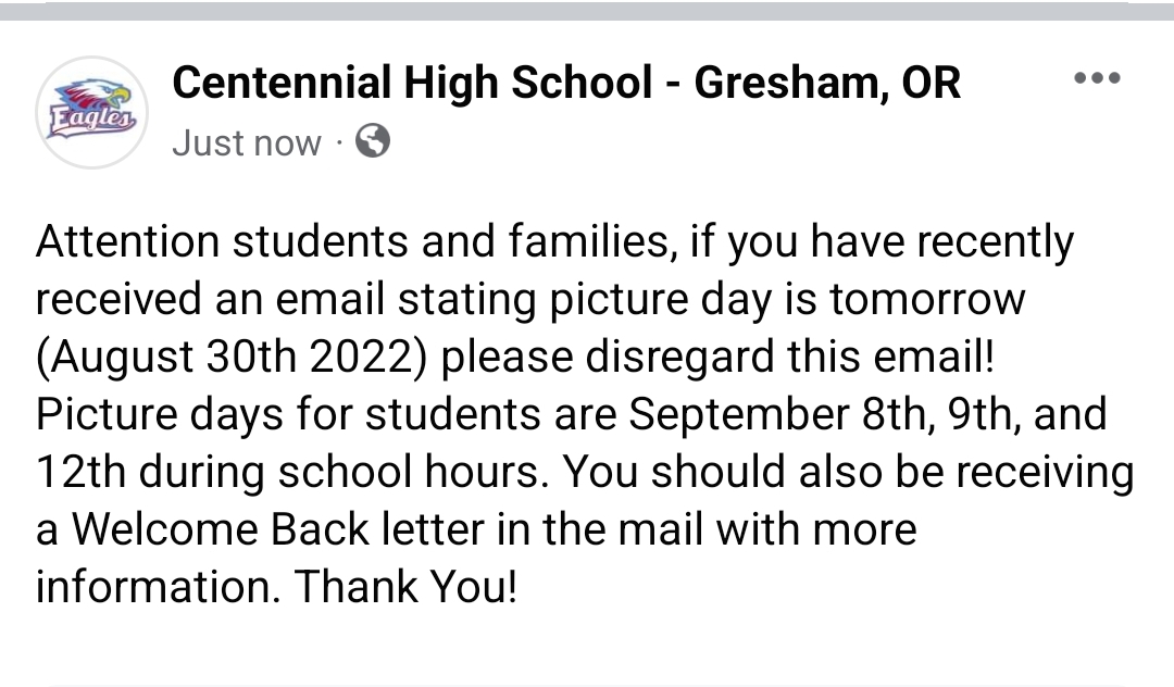 elmereagle's tweet photo. Picture day is NOT tomorrow! Please Read. https://t.co/XWPIGSwpwX