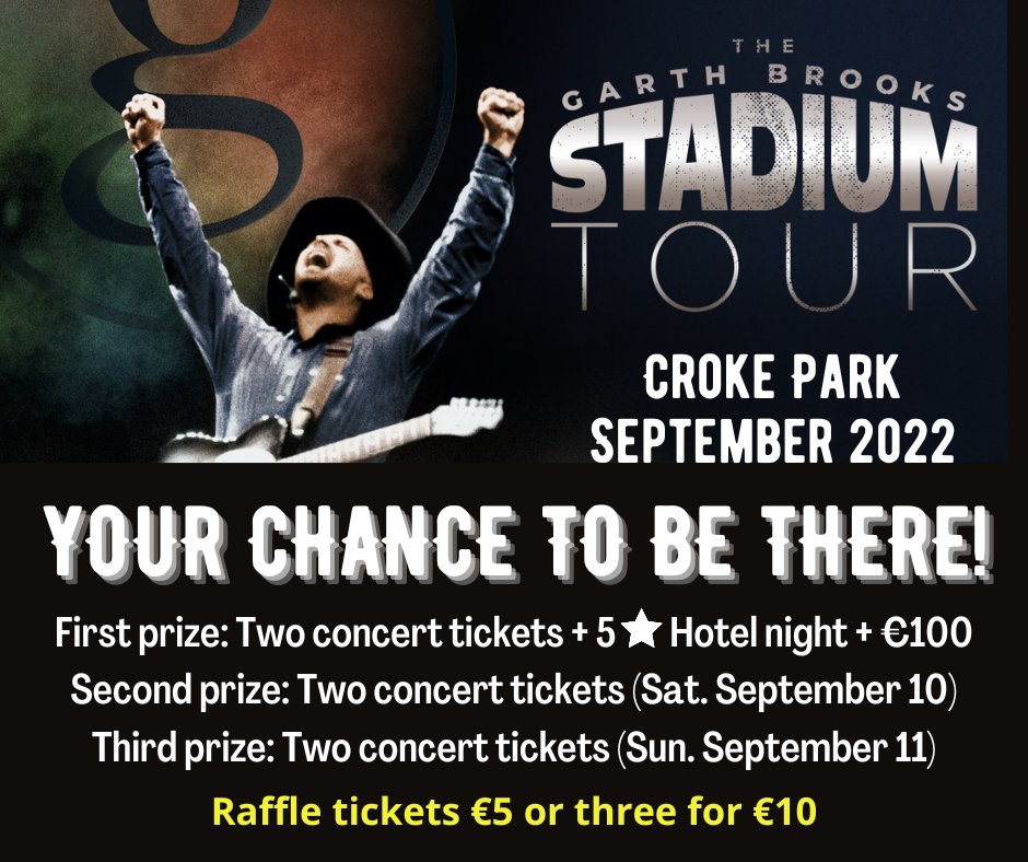 FernsGAA's tweet photo. Your chance to see Garth Brooks in Croke Park and enjoy a night in a five-star hotel! Raffle tickets €5 or three for €10. Buy online at https://t.co/gxslcKHtGa
Draw will take place on Wednesday September 7. A fundraiser for Ferns St. Aidans GAA Club. https://t.co/yg69J5dY5T