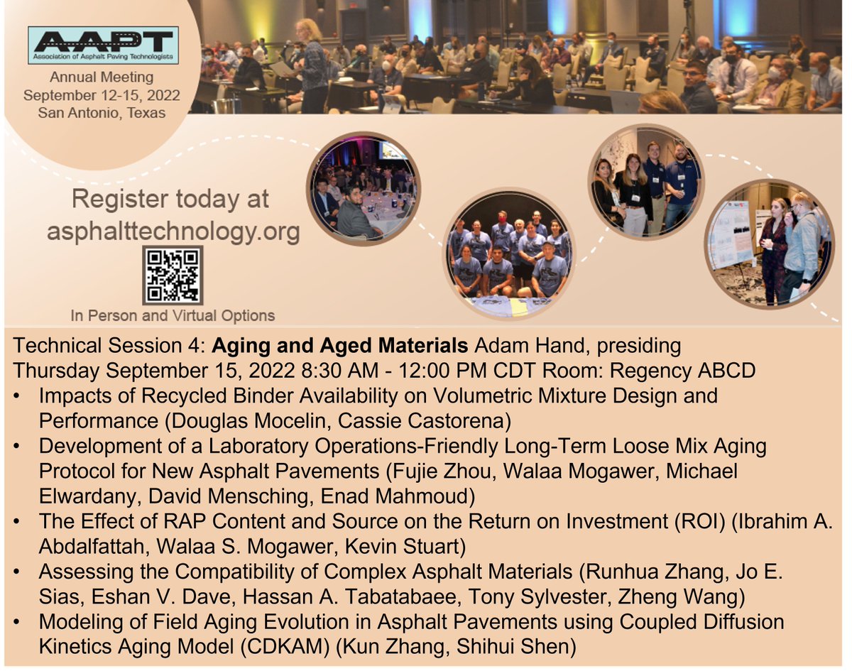 AsphaltTech's tweet image. Understanding of aging mechanisms as well as its simulation in laboratory has been a topic of great interest to asphalt community. State of the art research on this topic will be discussed at the #AAPT2022 annual meeting.  
It is not too late to register: asphalttechnology.org/site_event_det…