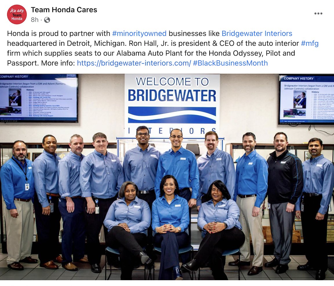 What a great way to start the week with this #recognition! :) We can't thank @TeamHondaCares & @Honda enough for highlighting our team & company's history, especially during #BlackBusinessMonth! We appreciate all that they do in creating #positivechange in our world!

#impact