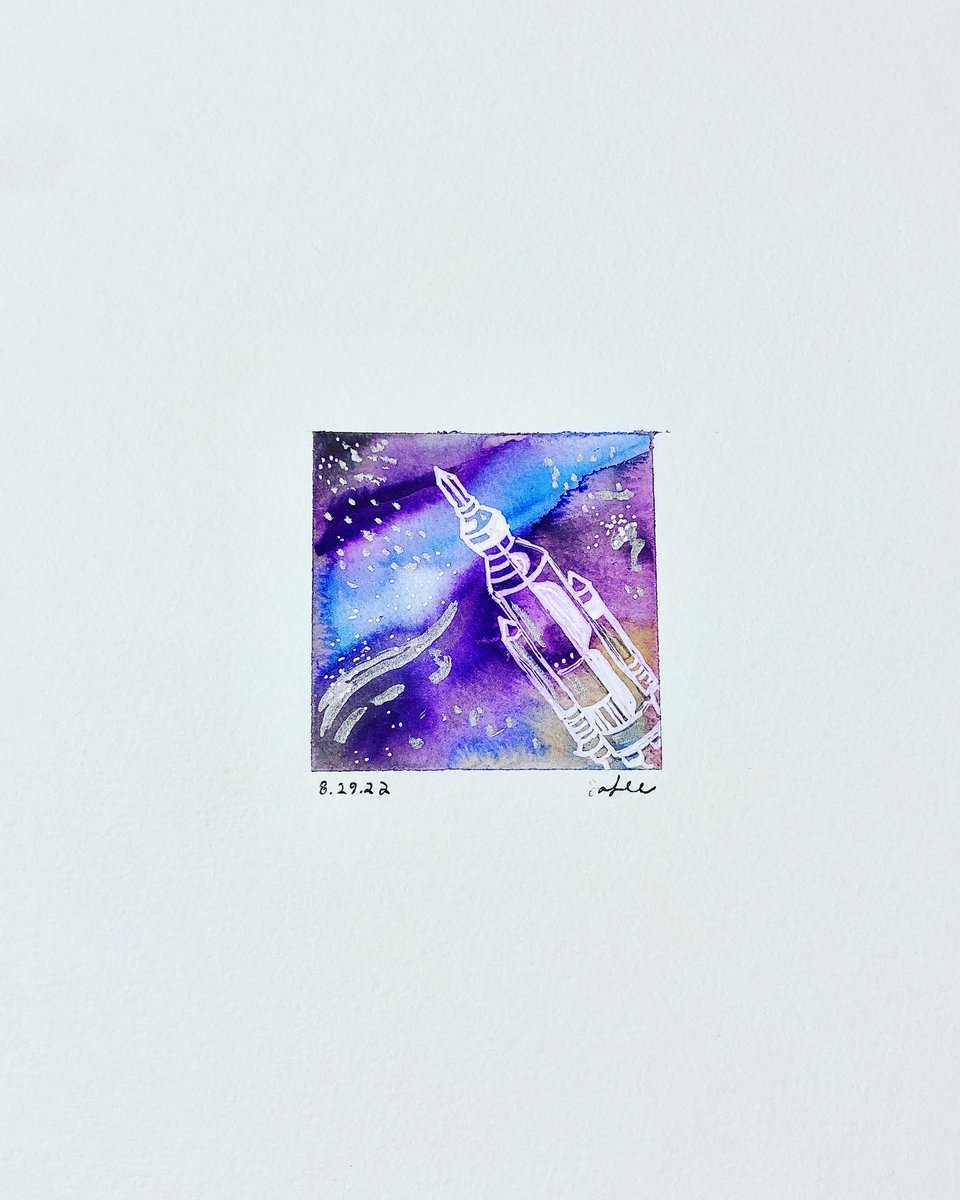 ysaralee's tweet photo. A little watercolor inspired by today’s scheduled launch of @NASAArtemis, which was sadly scrubbed. Still got to go to a cool aerospace medicine talk with @AeroDocHarrison, who helped lead our wilderness medicine IG trip at Mayo AZ when I was one of the leaders. https://t.co/6jevENVDl3