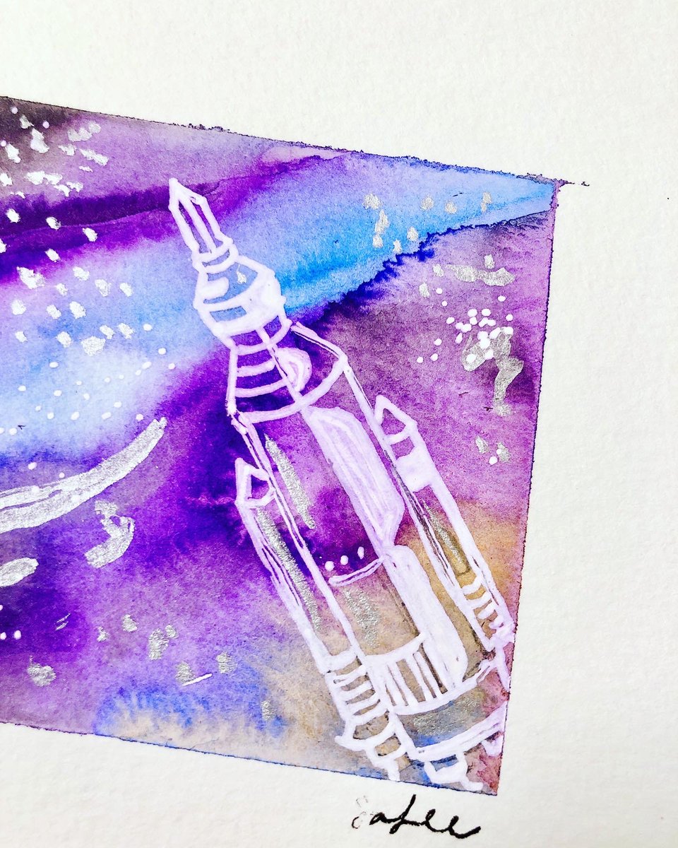ysaralee's tweet photo. A little watercolor inspired by today’s scheduled launch of @NASAArtemis, which was sadly scrubbed. Still got to go to a cool aerospace medicine talk with @AeroDocHarrison, who helped lead our wilderness medicine IG trip at Mayo AZ when I was one of the leaders. https://t.co/6jevENVDl3