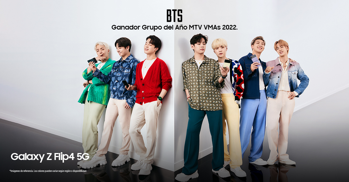 SamsungCO's tweet photo. #BTS sigue expandiendo su mundo 🙌, ganando el #VMAs a Grupo del Año 💪 y utilizando un #GalaxyZFlip4 5G con posibilidades inimaginables 😱. ¿Qué esperas para hacerlo tú también #Army ? 😉 #GalaxyBTS #BTSGLOBALDOMINATION #BTSWORLDDOMINATION https://t.co/Wj6QI2HxC4