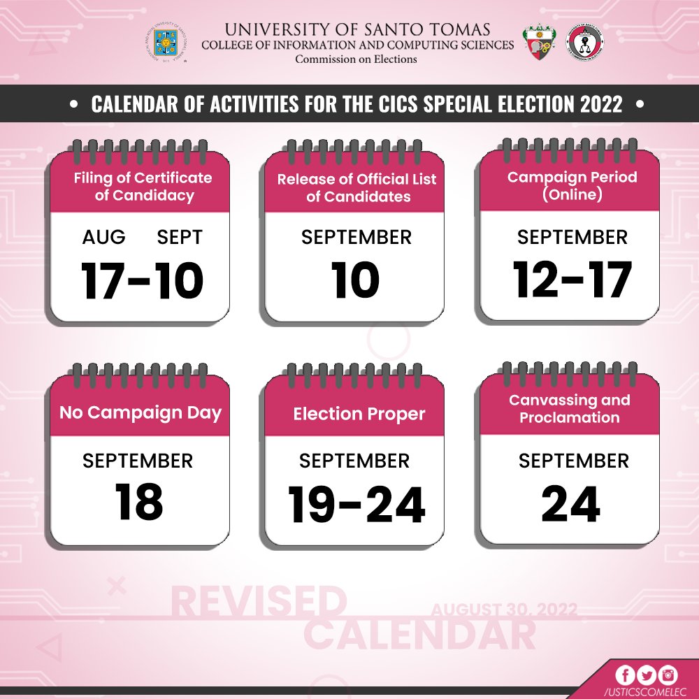 USTICSComelec's tweet photo. ~ REVISED CALENDAR OF ACTIVITIES FOR THE CICS SPECIAL ELECTION 2022! ~ 

Please take note of the changes in the Calendar of Activities for the CICS Special Election Period. https://t.co/aR4K0N77Qn