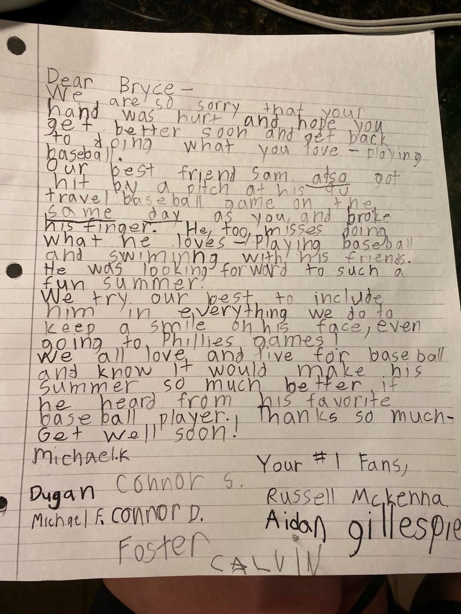 JamieApody's tweet photo. BRYCE HARPER JUST GETS IT! 
On June 25th, the SAME day Harper broke his thumb after being hit by a pitch, 9-yr-old Sam D'Lauro was ALSO hit by a pitch, suffering the SAME INJURY. His teammates wrote a letter to Harper and today Sam got a personalized autographed bat in the mail! https://t.co/cZfDgbdVEv