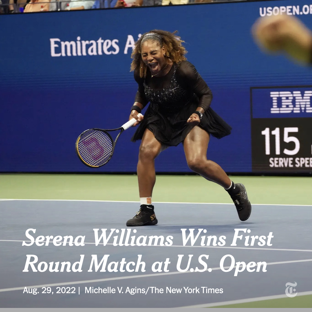 nytimes's tweet image. Serena Williams kicked off her farewell tour by defeating Danka Kovinic of Montenegro. She will face Anett Kontaveit of Estonia, the No. 2 seed, in the second round. nyti.ms/3AXNyK3