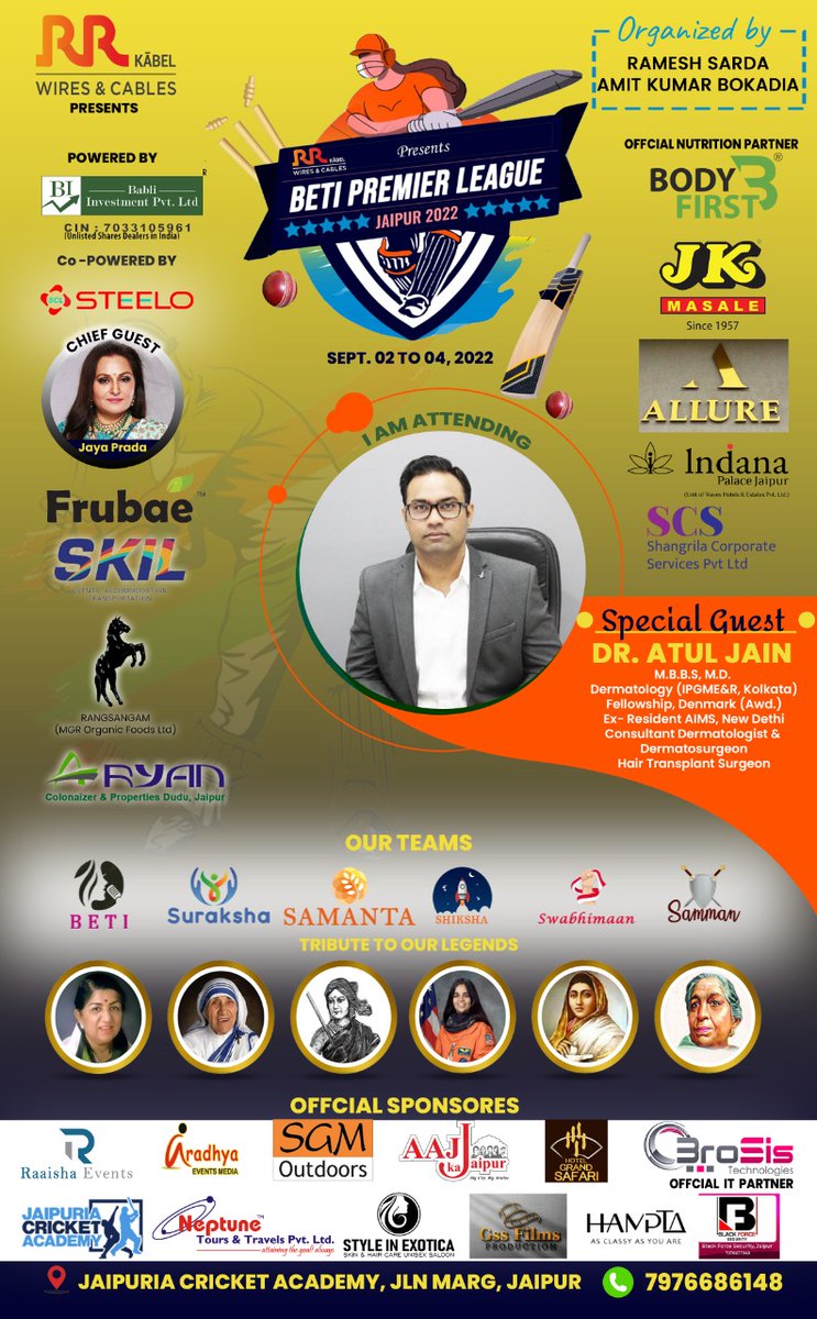 BetiPremier's tweet photo. Guest for BPL (beti premium League ) is from 2 to 4 th September 2022
#BetiPremierLeague #events #girlsevent #bpl #event_jaipur https://t.co/0xTTGaRsCF