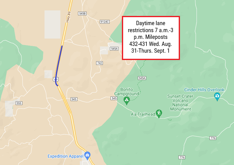 ArizonaDOT's tweet photo. π§ US 89 WORK NORTH OF FLAGSTAFF π§
Plan for daytime lane restrictions on US 89 - north of Flagstaff - from Tuesday, Aug. 30 through Thursday, Sept. 1
Details: https://t.co/kNk9nVuJGB
#aztraffic #US89 #Flagstaff https://t.co/ry2RkUgDmV