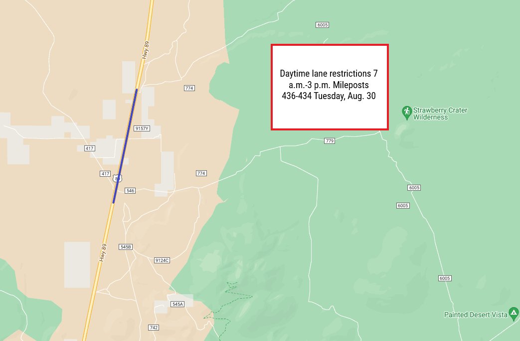 ArizonaDOT's tweet photo. π§ US 89 WORK NORTH OF FLAGSTAFF π§
Plan for daytime lane restrictions on US 89 - north of Flagstaff - from Tuesday, Aug. 30 through Thursday, Sept. 1
Details: https://t.co/kNk9nVd8i1
#aztraffic #US89 #Flagstaff https://t.co/DAHhtoK5uS